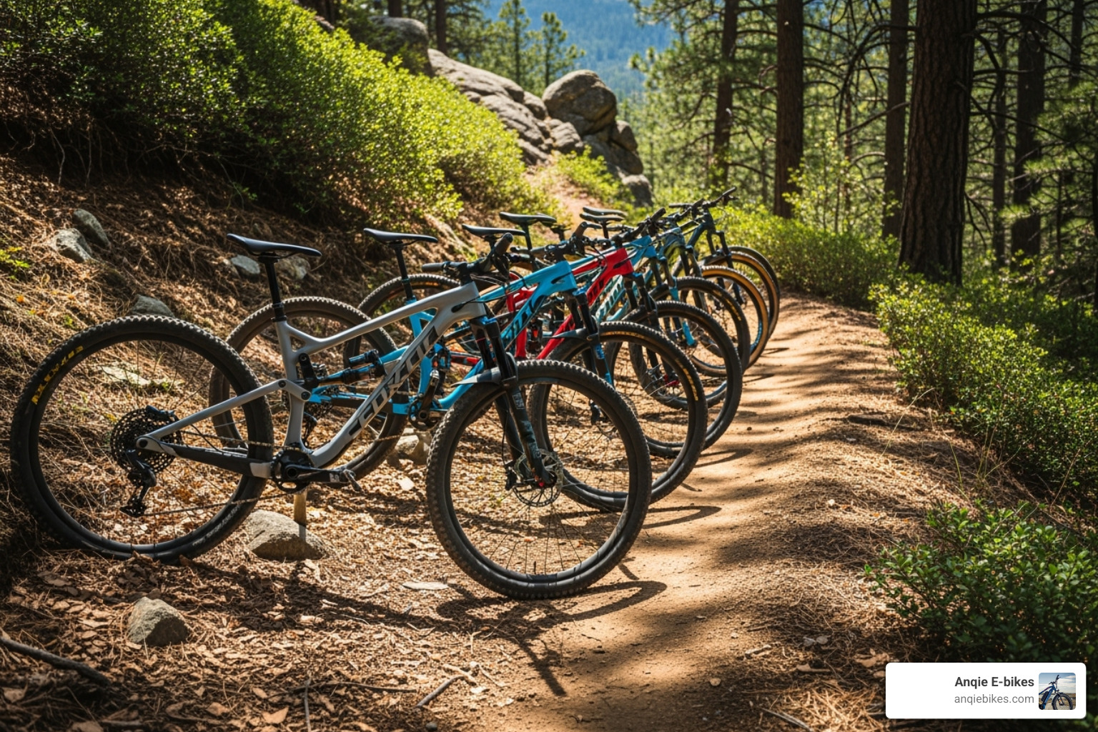 Several different types of mountain bikes lined up on a trail - mountain bikes Several different types of mountain bikes lined up on a trail - mountain bikes