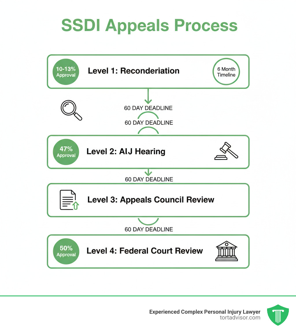 infographic showing the four levels of SSDI appeals process: Level 1 Reconsideration with 10-13% approval rate and 6 month timeline, Level 2 ALJ Hearing with 47% approval rate, Level 3 Appeals Council Review, and Level 4 Federal Court Review, with 60-day filing deadlines between each level - SSDI reconsideration appeal infographic 