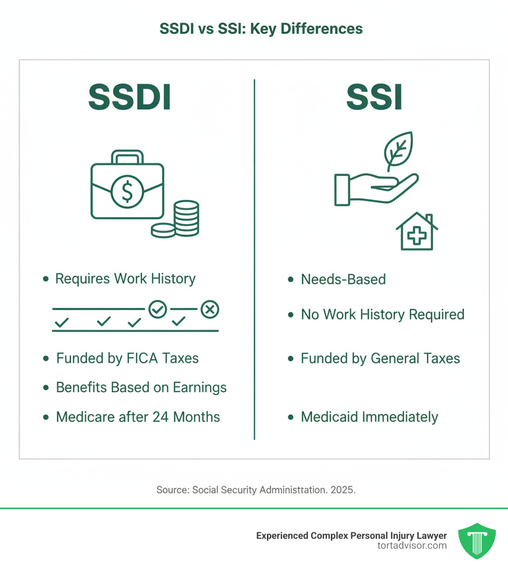 Infographic showing SSDI vs SSI key differences: SSDI requires work history and is funded by FICA taxes with benefits based on earnings and Medicare after 24 months; SSI is needs-based with no work history required, funded by general tax revenues with benefits based on federal rates and immediate Medicaid eligibility - SSDI eligibility rules infographic Infographic showing SSDI vs SSI key differences: SSDI requires work history and is funded by FICA taxes with benefits based on earnings and Medicare after 24 months; SSI is needs-based with no work history required, funded by general tax revenues with benefits based on federal rates and immediate Medicaid eligibility - SSDI eligibility rules infographic