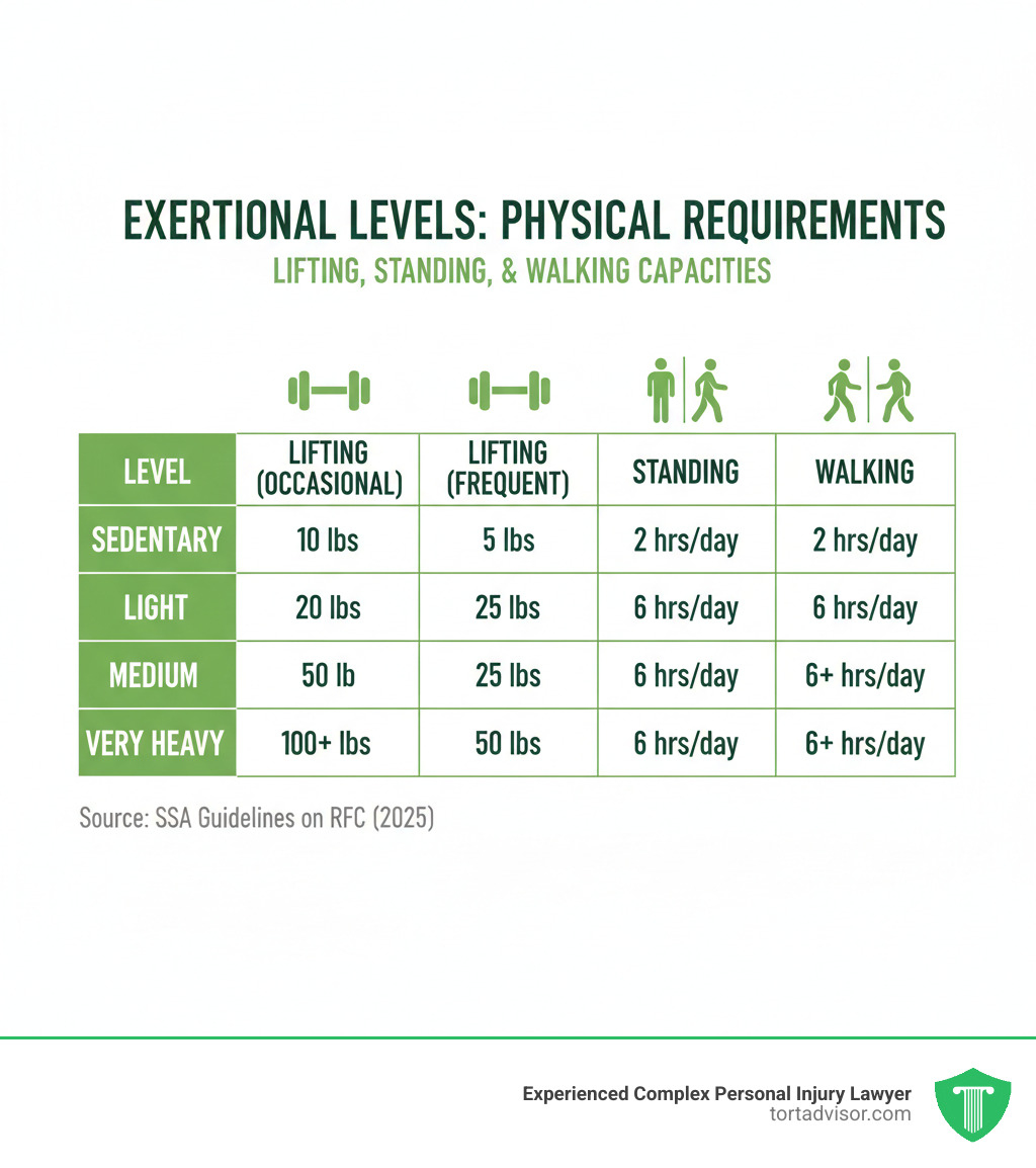 A table comparing the lifting, standing, and walking requirements for each exertional level - Residual functional capacity infographic A table comparing the lifting, standing, and walking requirements for each exertional level - Residual functional capacity infographic