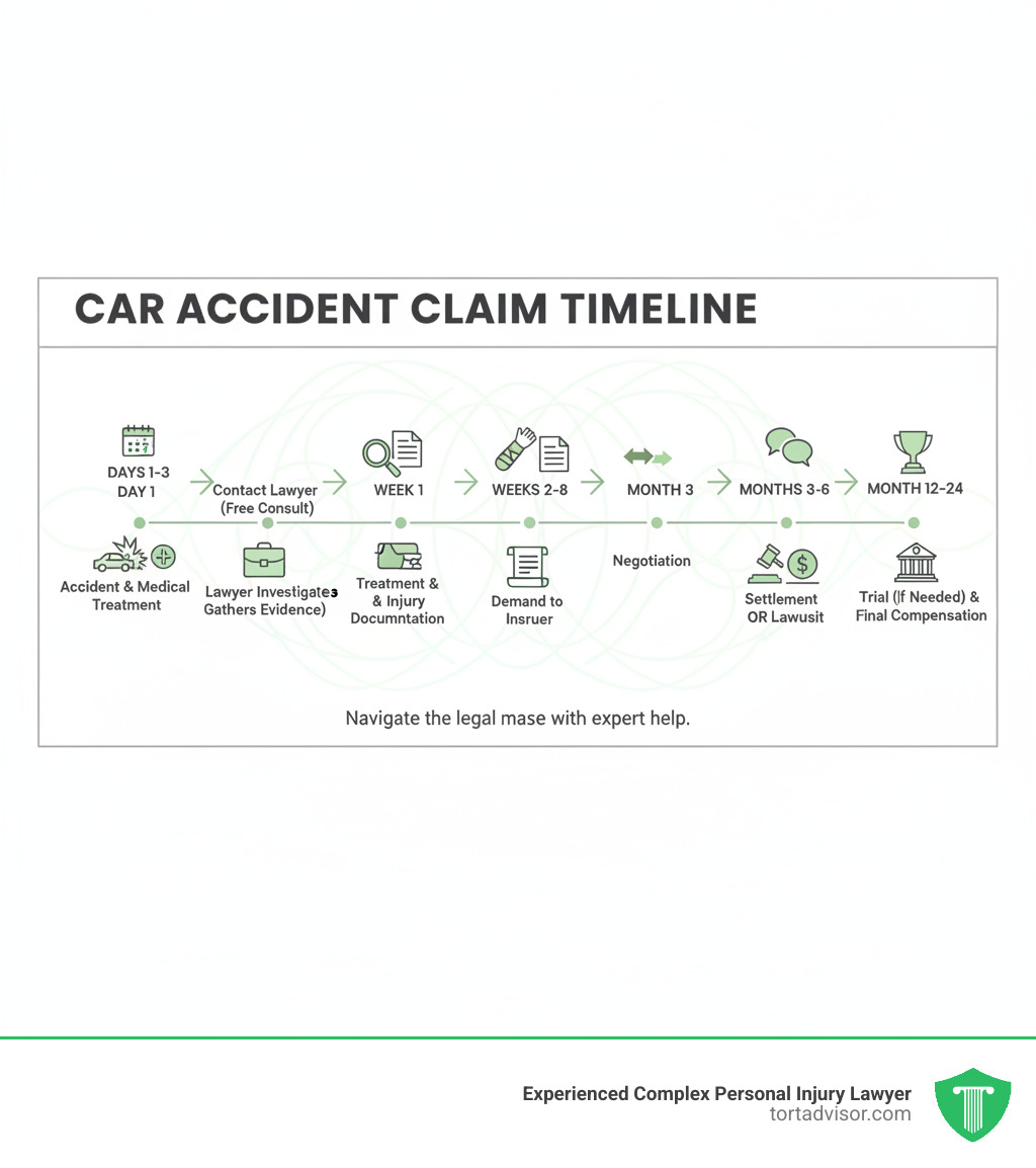 Infographic showing the car accident claim timeline: Day 1 - Accident occurs and medical treatment begins; Days 1-3 - Contact lawyer for free consultation; Week 1 - Lawyer investigates and gathers evidence; Weeks 2-8 - Treatment continues while lawyer documents injuries; Month 3 - Lawyer submits demand to insurance company; Months 3-6 - Negotiation with insurer; Month 6+ - Settlement reached or lawsuit filed; Month 12-24 - Trial if necessary, final compensation received - car accident compensation lawyer infographic 