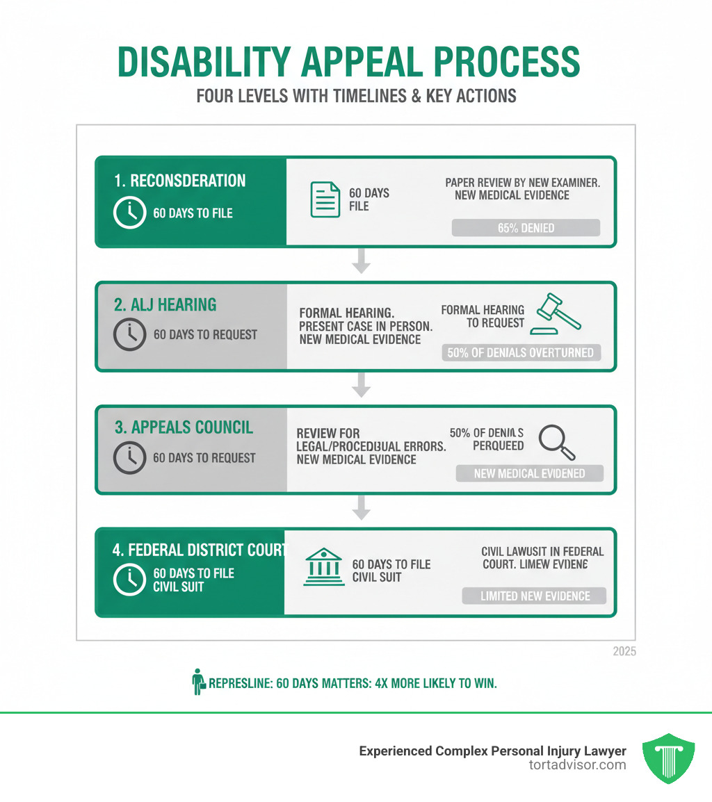 infographic showing the four levels of social security disability appeals with timelines and key actions at each stage - Disability appeal process infographic  infographic showing the four levels of social security disability appeals with timelines and key actions at each stage - Disability appeal process infographic
