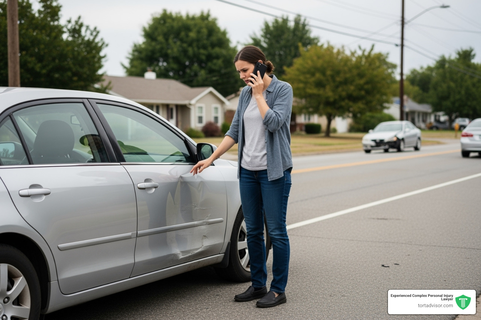 person on the phone after minor accident - car accident compensation lawyer