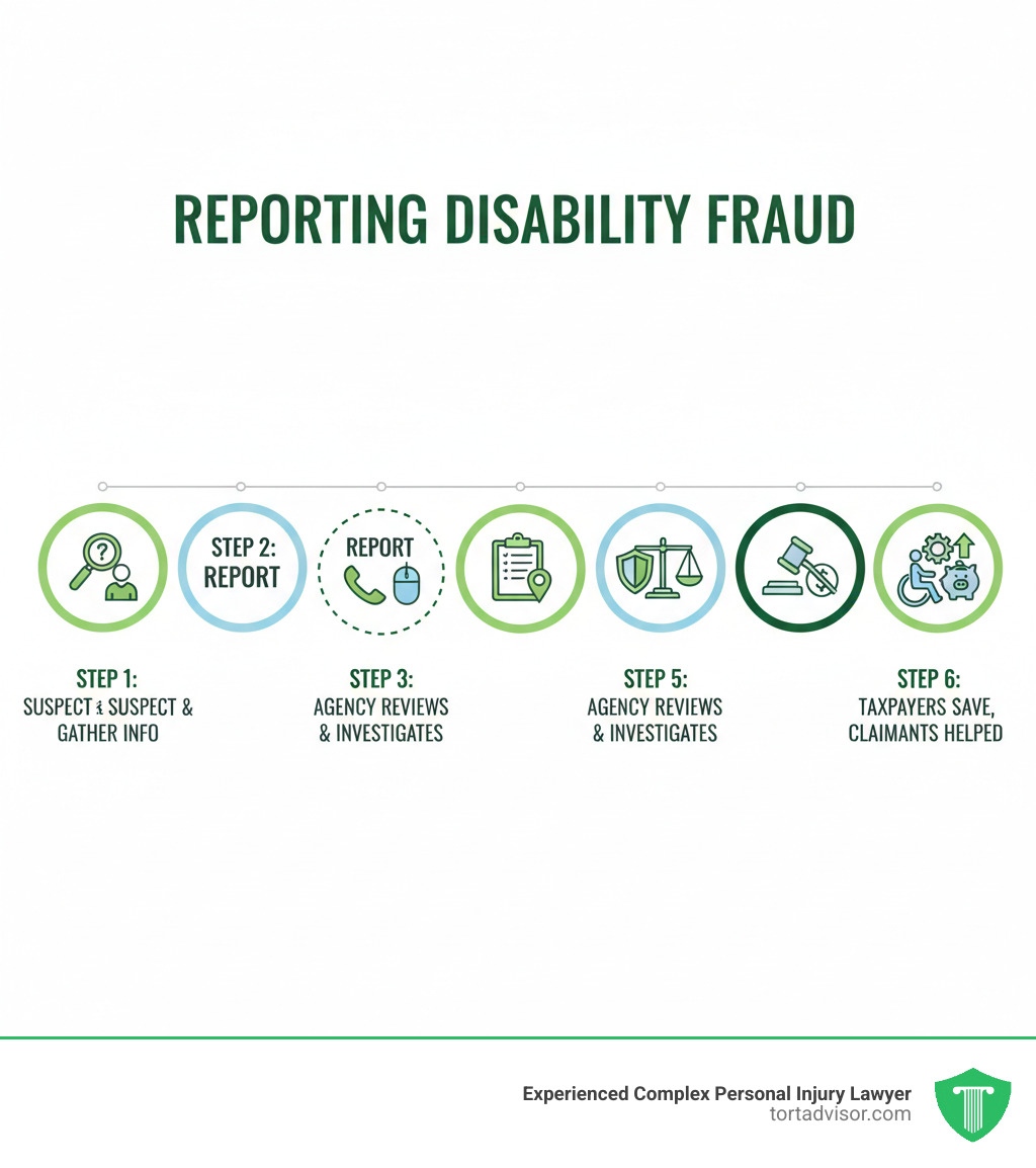 Infographic showing the fraud reporting process: Step 1 - Suspect fraud and gather information about the person and their activities. Step 3 - Provide details including name, address, and specific reasons for suspicion. Step 4 - Agency reviews and investigates the allegation. Step 5 - If fraud is confirmed, criminal or administrative action is taken. Step 6 - Taxpayers save money and legitimate claimants get the help they need. - Disability benefits fraud infographic 