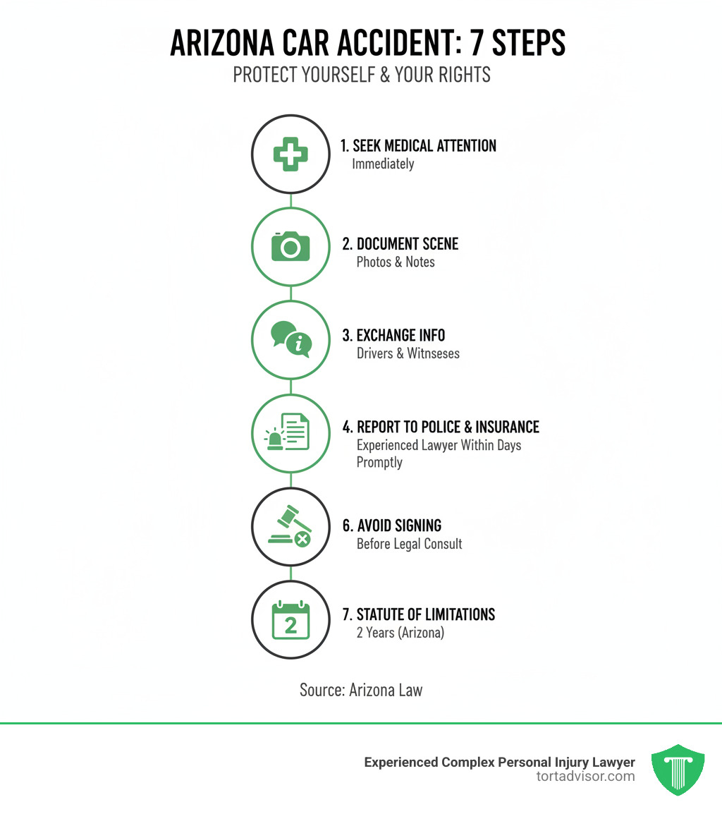 Infographic showing steps after an Arizona car accident: 1) Seek medical attention immediately, 2) Document the scene with photos, 3) Exchange information with other drivers, 4) Report to police and insurance, 5) Contact an experienced accident attorney within days, 6) Avoid signing anything from insurance companies before legal consultation, 7) Arizona statute of limitations is 2 years - best accident attorney Arizona infographic  Infographic showing steps after an Arizona car accident: 1) Seek medical attention immediately, 2) Document the scene with photos, 3) Exchange information with other drivers, 4) Report to police and insurance, 5) Contact an experienced accident attorney within days, 6) Avoid signing anything from insurance companies before legal consultation, 7) Arizona statute of limitations is 2 years - best accident attorney Arizona infographic