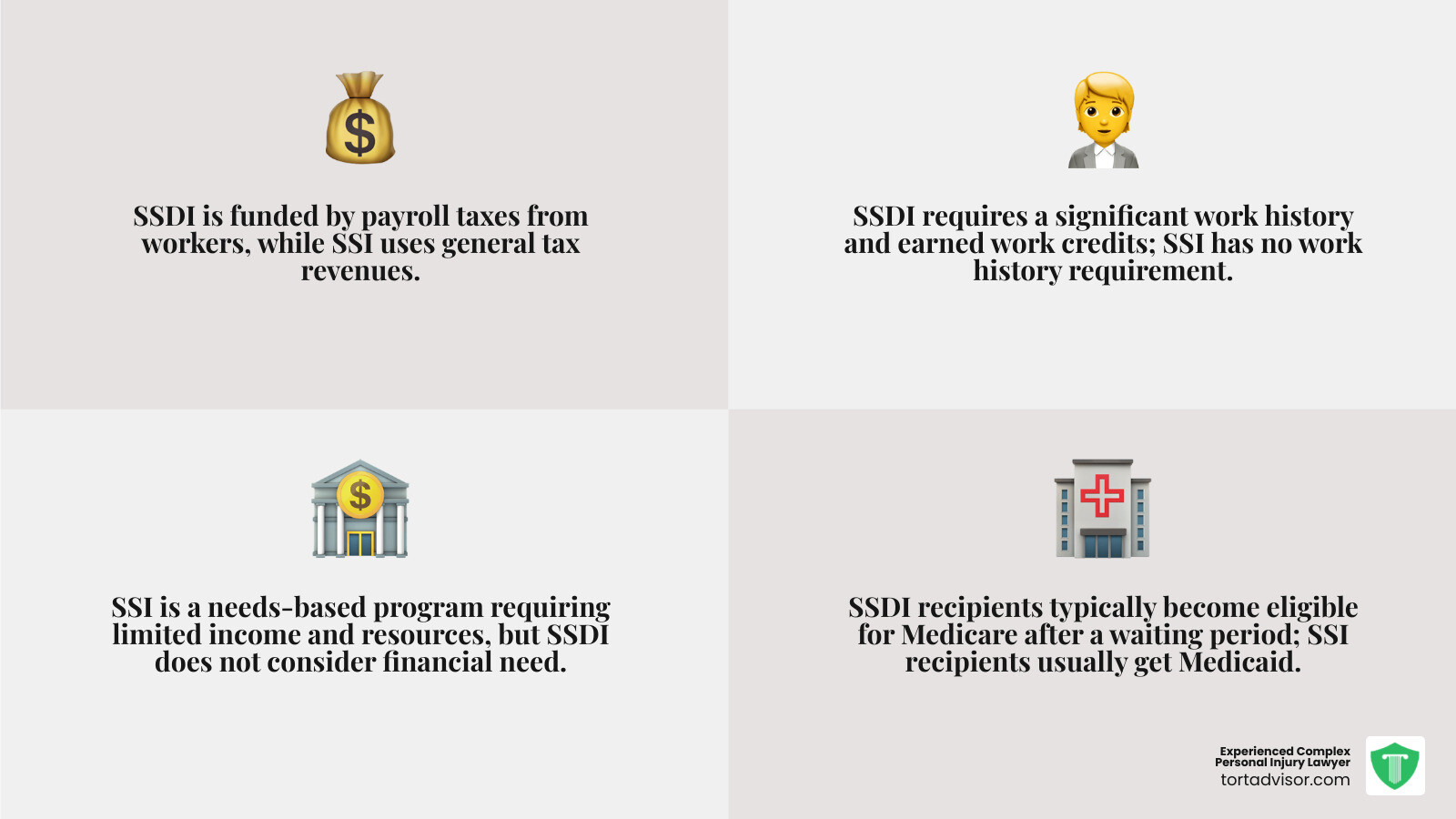 Infographic comparing SSDI and SSI benefits based on funding, work history, financial need, benefit calculation, and health coverage - SSDI benefits qualifications infographic 4_facts_emoji_grey Infographic comparing SSDI and SSI benefits based on funding, work history, financial need, benefit calculation, and health coverage - SSDI benefits qualifications infographic 4_facts_emoji_grey