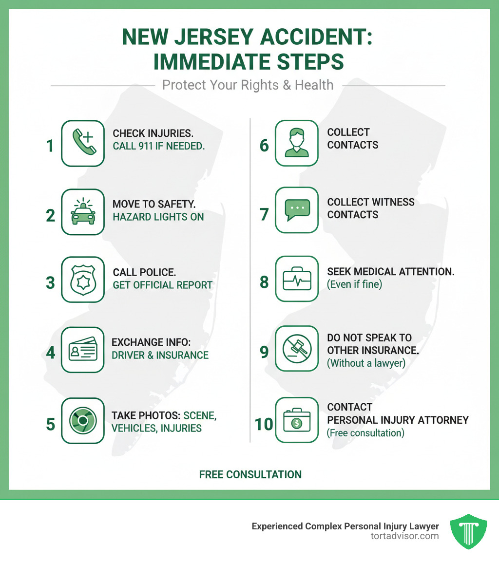 Infographic showing immediate steps after a New Jersey accident: 1. Check for injuries and call 911 if needed, 2. Move to safety and turn on hazard lights, 3. Call police and get official report, 4. Exchange driver and insurance information, 5. Take photos of scene, vehicles, and injuries, 6. Collect witness contact information, 7. Seek medical attention even if you feel fine, 8. Report accident to your insurance, 9. Do NOT speak to other party's insurance without a lawyer, 10. Contact a personal injury attorney for free consultation - accident lawyer New Jersey infographic 