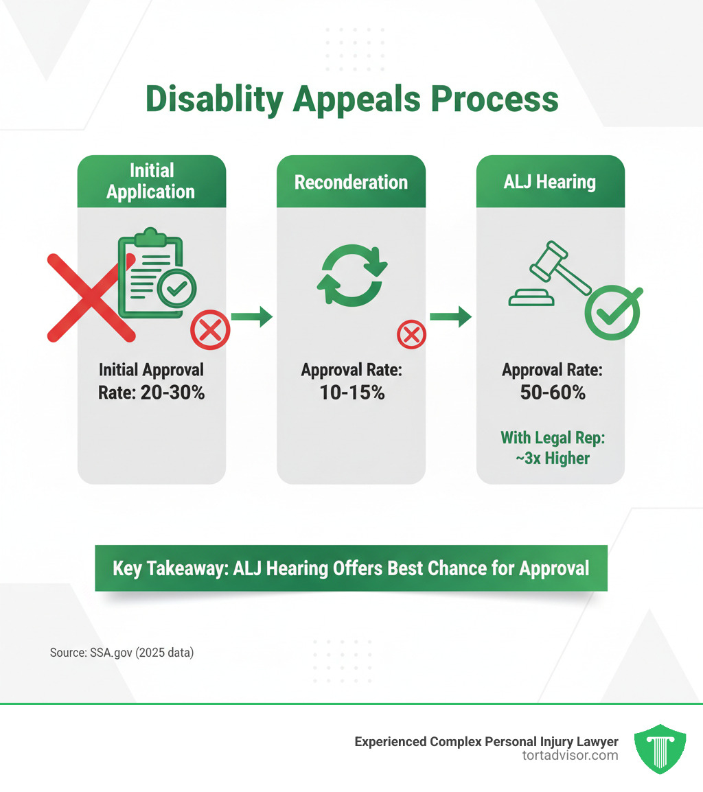 infographic showing disability appeals process stages from initial application through reconsideration to ALJ hearing with approval rates at each stage - Disability hearing tips infographic 