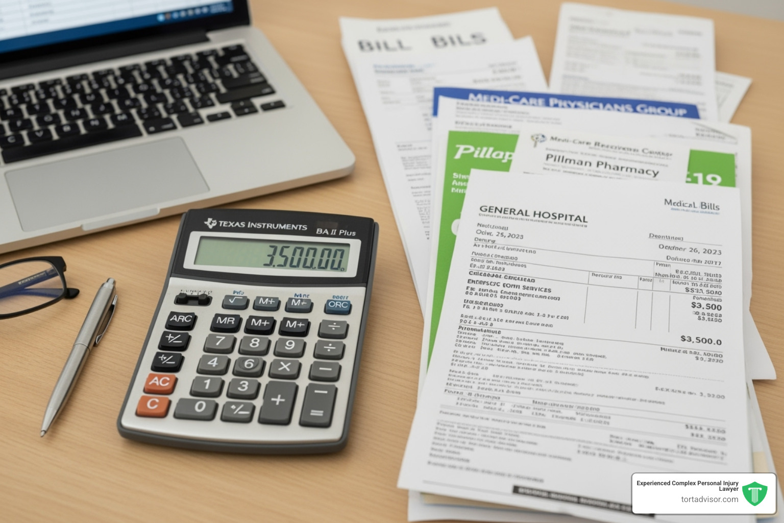 A calculator and medical bills - accident lawyer New Jersey