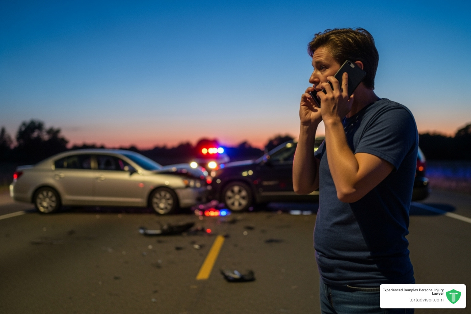 A person on the phone with emergency services at an accident scene - accident lawyer New Jersey