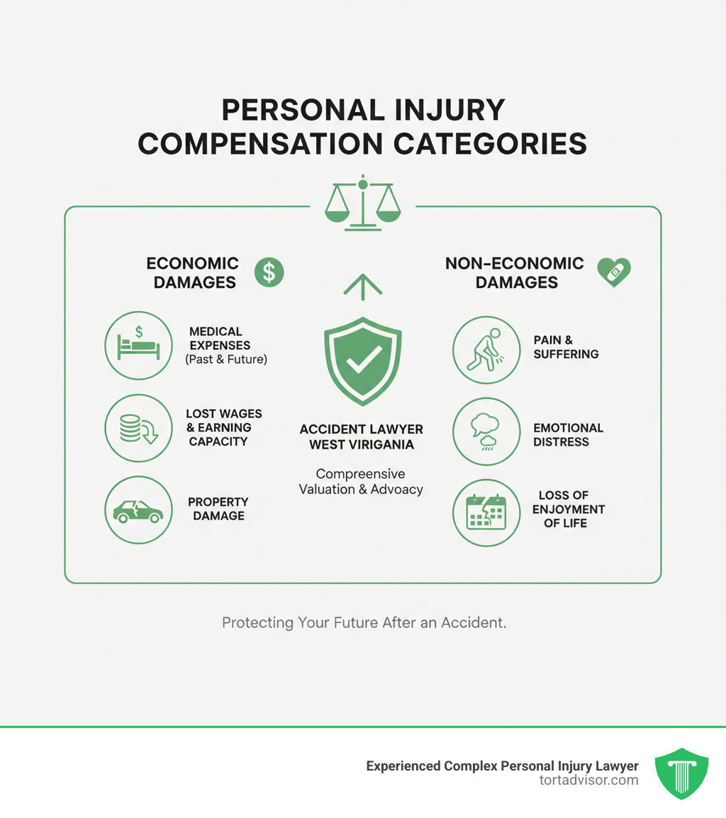Infographic detailing typical compensation categories in personal injury cases - accident lawyer West Virginia infographic 
