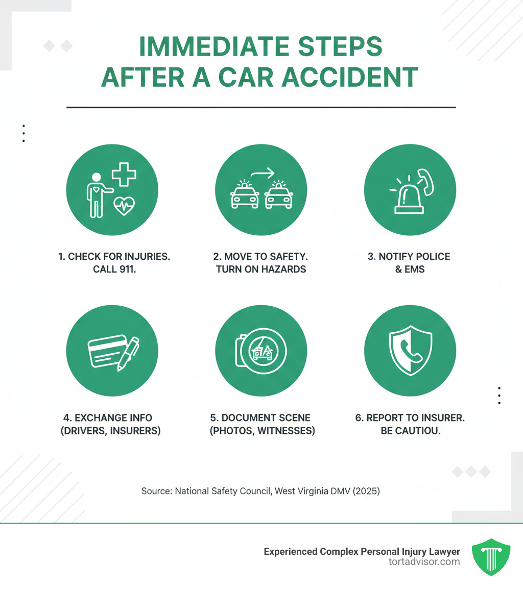 Infographic explaining the immediate steps to take after a car accident - accident lawyer West Virginia infographic