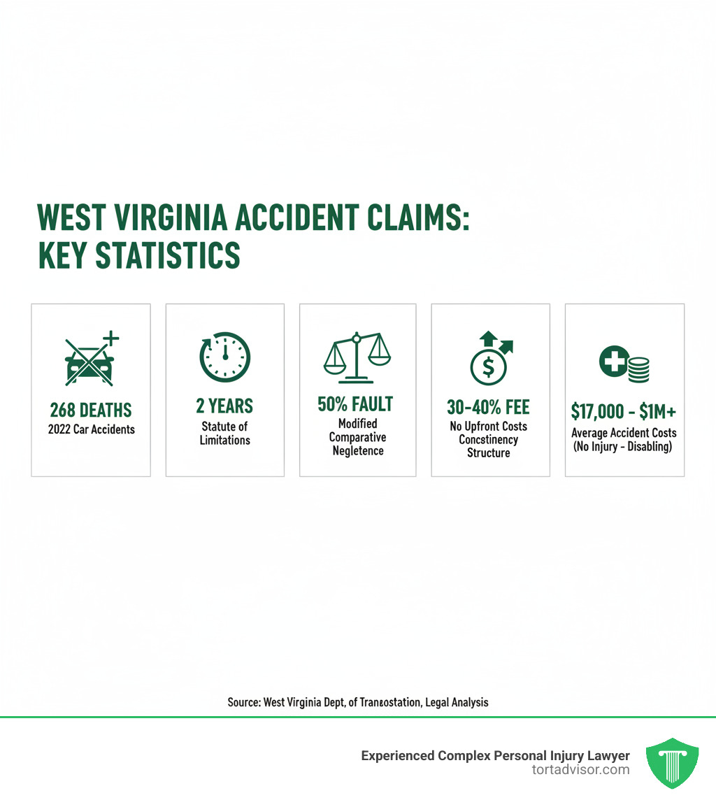Infographic showing key statistics about West Virginia accident claims: 268 deaths in 2022 car accidents, 2-year statute of limitations for filing claims, 50% fault threshold under modified comparative negligence law, contingency fee structure of 30-40% with no upfront costs, and average comprehensive accident costs ranging from $17,000 for no injury to over $1 million for disabling injuries - accident lawyer West Virginia infographic 