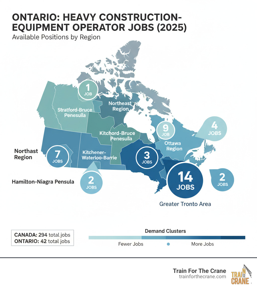 A map highlighting regions in Ontario, Canada, with varying numbers of available heavy construction-equipment operator jobs, showing clusters of demand - Construction equipment jobs infographic 