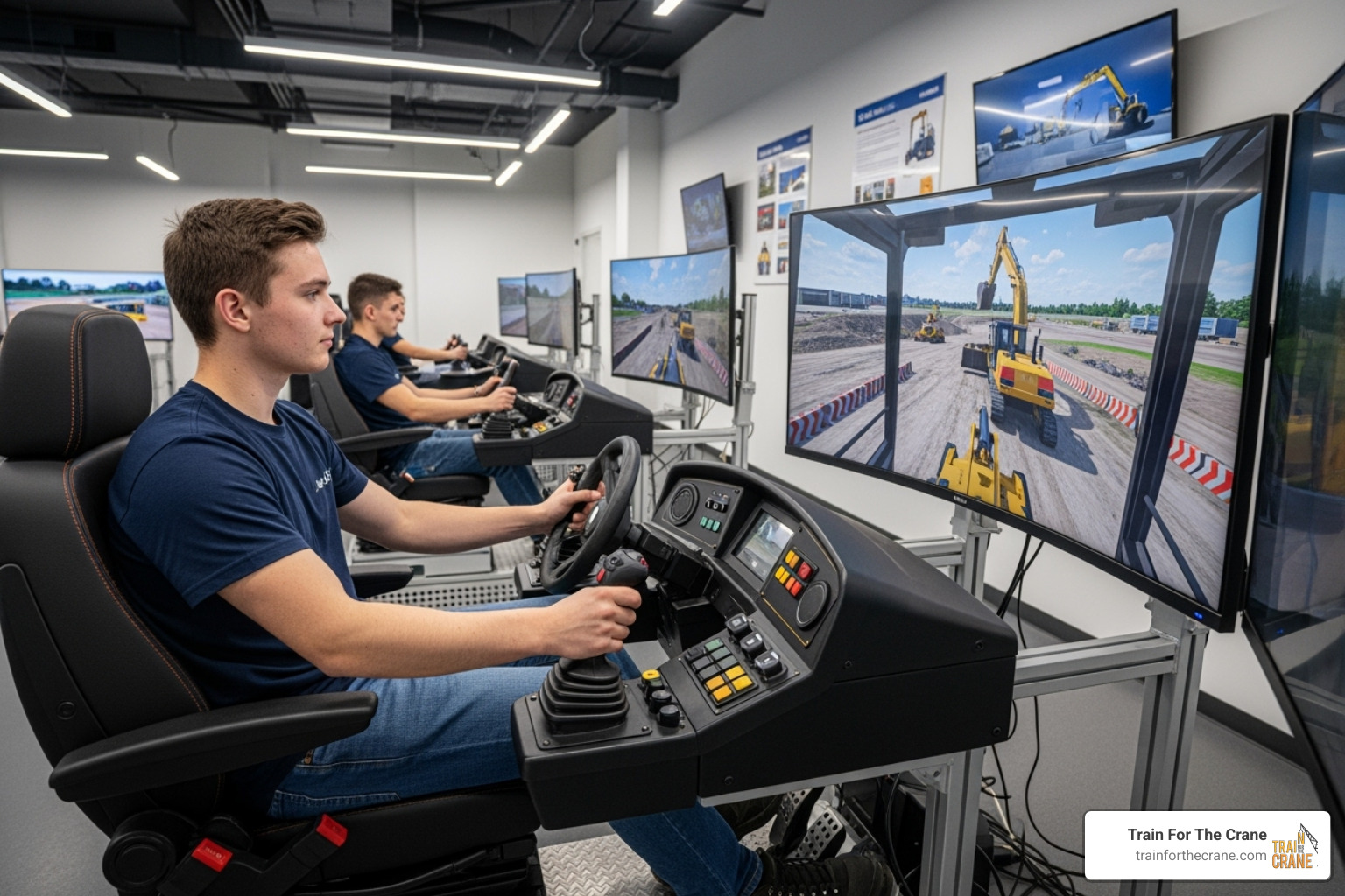 A student learning on a heavy equipment simulator, demonstrating modern training methods - Construction equipment jobs