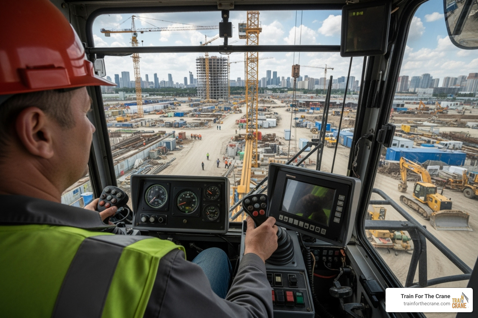 A crane operator in a cab with a view of the job site, demonstrating precision and control - Construction equipment jobs