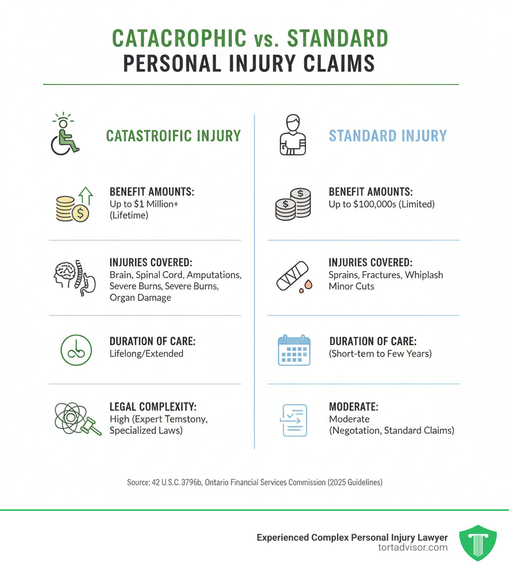 infographic showing the key differences between catastrophic and standard personal injury claims including benefit amounts, types of injuries covered, duration of care required, and legal complexity levels - Catastrophic injury attorney infographic infographic showing the key differences between catastrophic and standard personal injury claims including benefit amounts, types of injuries covered, duration of care required, and legal complexity levels - Catastrophic injury attorney infographic