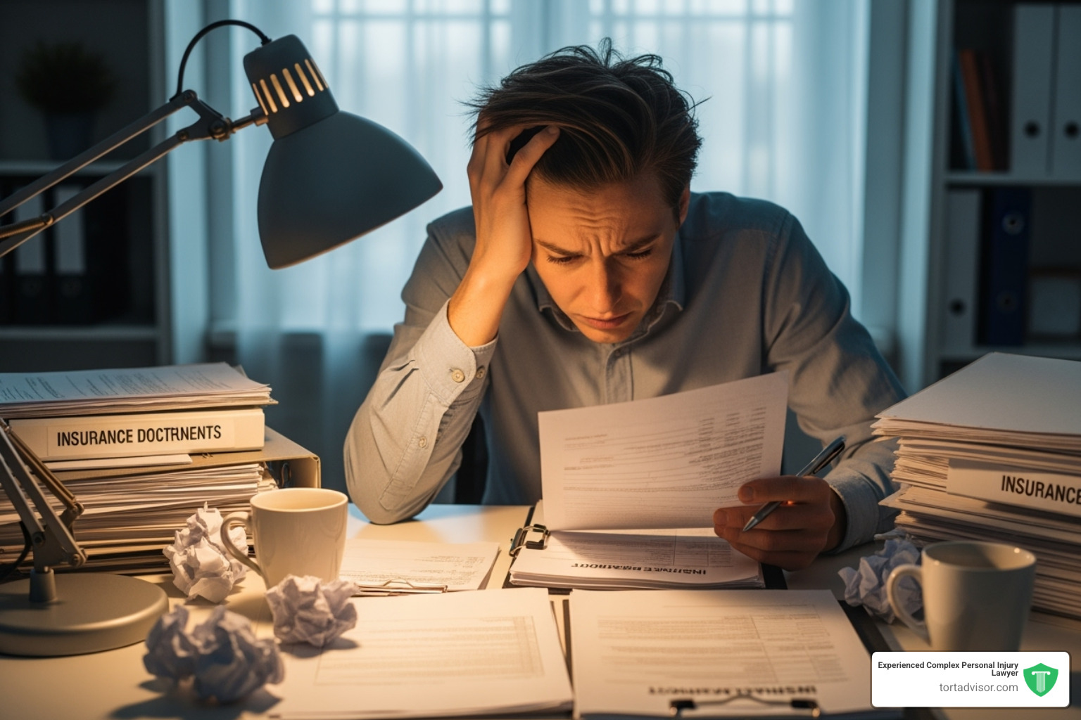 person looking stressed while reviewing insurance paperwork - Catastrophic injury attorney person looking stressed while reviewing insurance paperwork - Catastrophic injury attorney