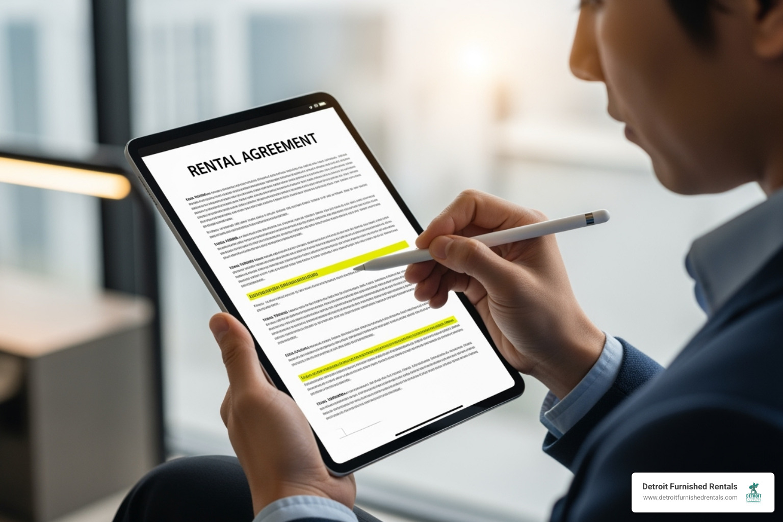 A professional reviews a rental agreement on a tablet, highlighting key terms and conditions. - short term business rentals detroit