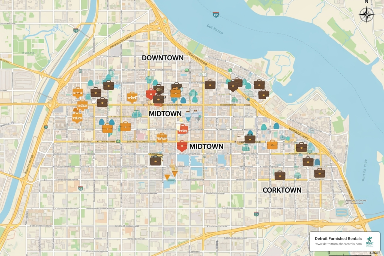 A map of Detroit highlighting key business and residential neighborhoods like Downtown, Midtown, and Corktown, with markers for business hubs. - short term business rentals detroit