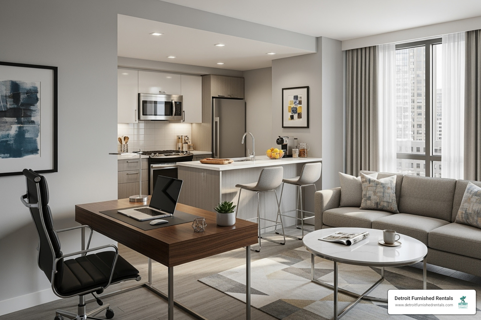 A stylish and modern furnished corporate apartment interior with a dedicated workspace, comfortable seating, and a fully equipped kitchen visible in the background. - short term business rentals detroit
