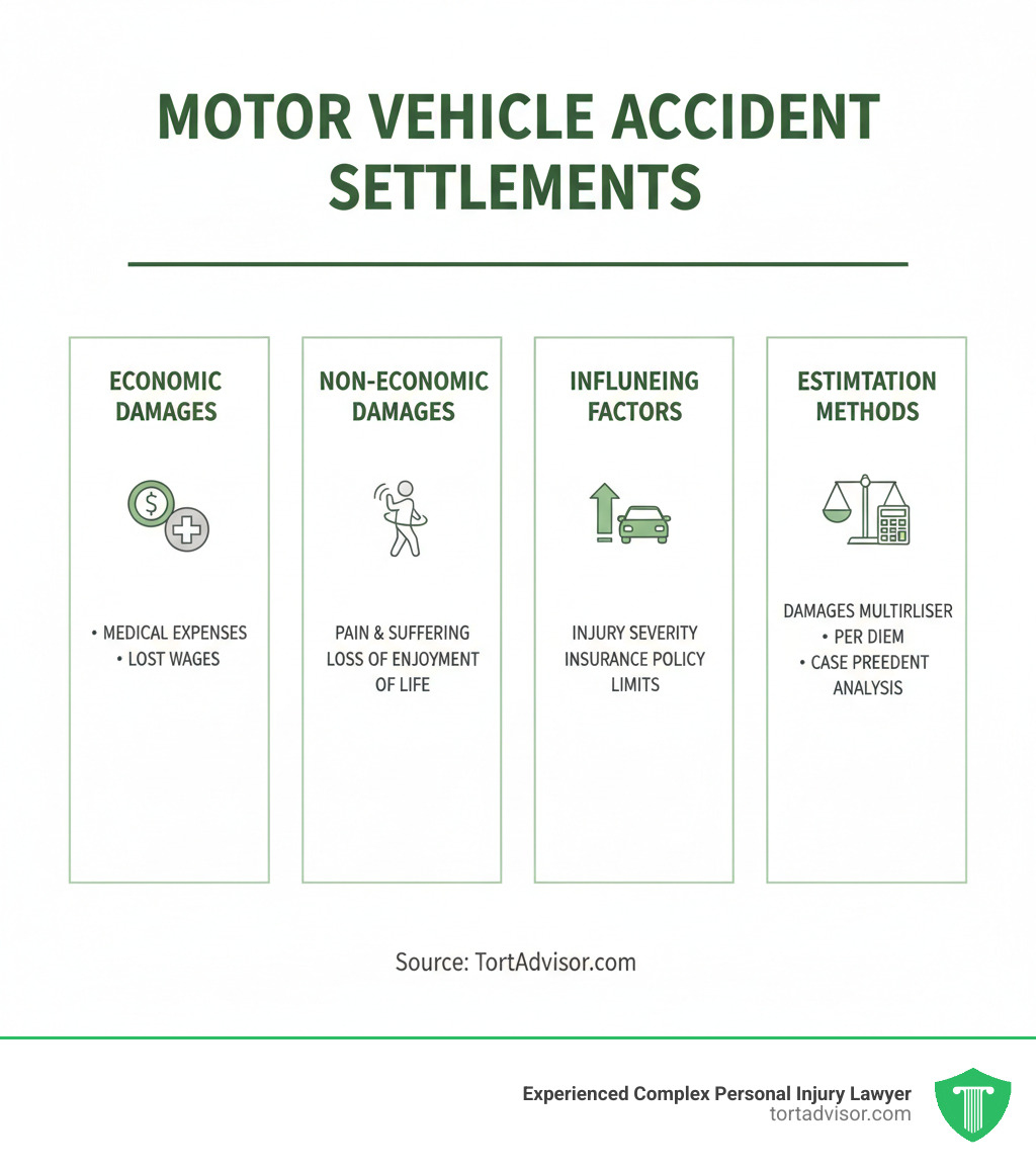 Infographic showing the key components of motor vehicle accident settlements: economic damages including medical expenses and lost wages, non-economic damages including pain and suffering and loss of enjoyment of life, factors that influence settlement value such as injury severity and insurance policy limits, and the three main estimation methods including damages multiplier, per diem, and case precedent analysis - motor vehicle accident settlement amounts infographic Infographic showing the key components of motor vehicle accident settlements: economic damages including medical expenses and lost wages, non-economic damages including pain and suffering and loss of enjoyment of life, factors that influence settlement value such as injury severity and insurance policy limits, and the three main estimation methods including damages multiplier, per diem, and case precedent analysis - motor vehicle accident settlement amounts infographic