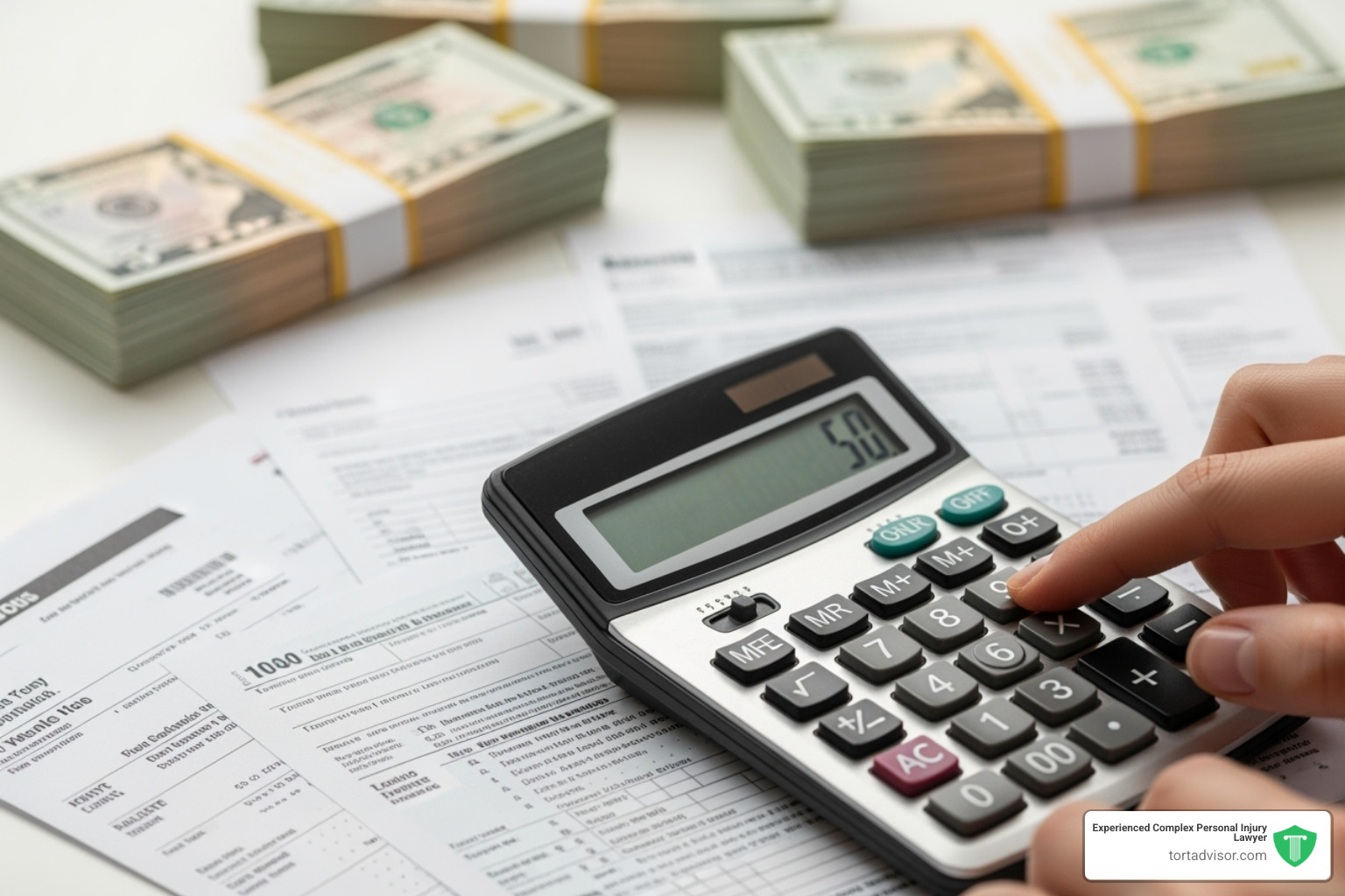 Image of a person using a calculator with bills in the background - motor vehicle accident settlement amounts Image of a person using a calculator with bills in the background - motor vehicle accident settlement amounts