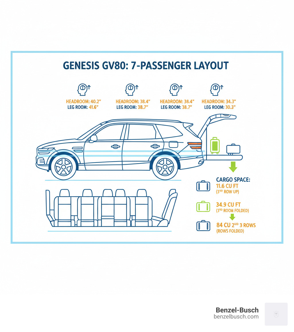 Infographic showing Genesis GV80 7-passenger seating layout with three rows, including headroom (40.2"/38.4"/34.3"), legroom (41.6"/38.7"/30.3"), and cargo capacity behind each row (11.6/34.9/84 cu ft) - genesis gv80 7 passenger infographic Infographic showing Genesis GV80 7-passenger seating layout with three rows, including headroom (40.2"/38.4"/34.3"), legroom (41.6"/38.7"/30.3"), and cargo capacity behind each row (11.6/34.9/84 cu ft) - genesis gv80 7 passenger infographic