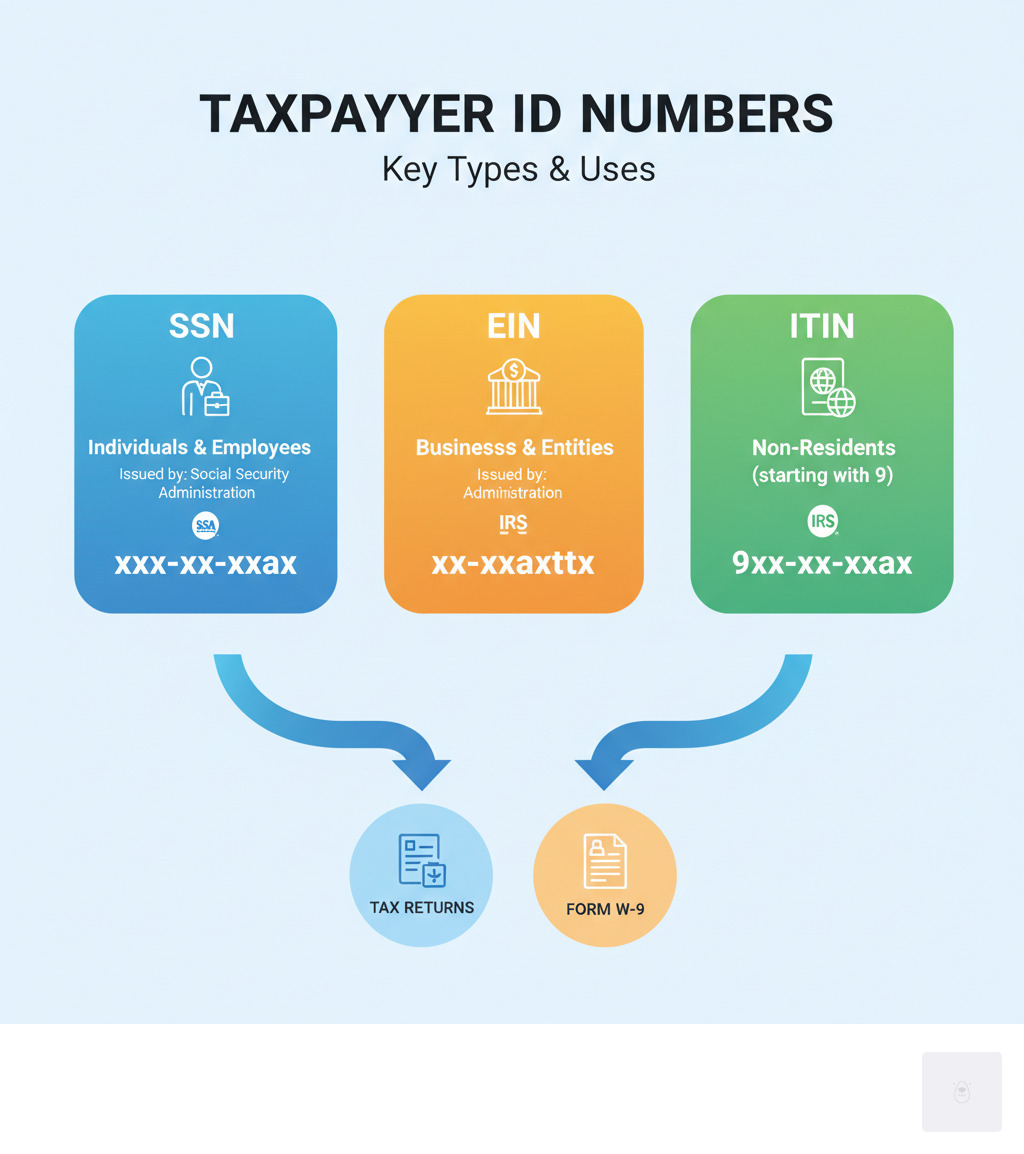 Infographic showing the three main types of taxpayer ID numbers: SSN issued by Social Security Administration for individuals and employees in format xxx-xx-xxxx, EIN issued by IRS for businesses and entities in format xx-xxxxxxx, and ITIN issued by IRS for non-residents starting with 9 in format 9xx-xx-xxxx, with arrows showing their use in tax returns and Form W-9 - taxpayer ID number infographic 