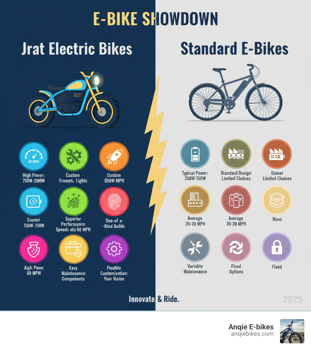 Infographic comparing custom-built jrat electric bikes versus standard e-bikes, showing advantages including higher power options (750W-2000W vs typical 250W-750W), personalized design elements (custom tanks, frames, wheels, lights), superior performance (speeds up to 60 MPH vs 20-28 MPH), unique one-of-a-kind builds versus mass production, easier maintenance with quality components, and flexible customization options - jrat electric bikes infographic Infographic comparing custom-built jrat electric bikes versus standard e-bikes, showing advantages including higher power options (750W-2000W vs typical 250W-750W), personalized design elements (custom tanks, frames, wheels, lights), superior performance (speeds up to 60 MPH vs 20-28 MPH), unique one-of-a-kind builds versus mass production, easier maintenance with quality components, and flexible customization options - jrat electric bikes infographic