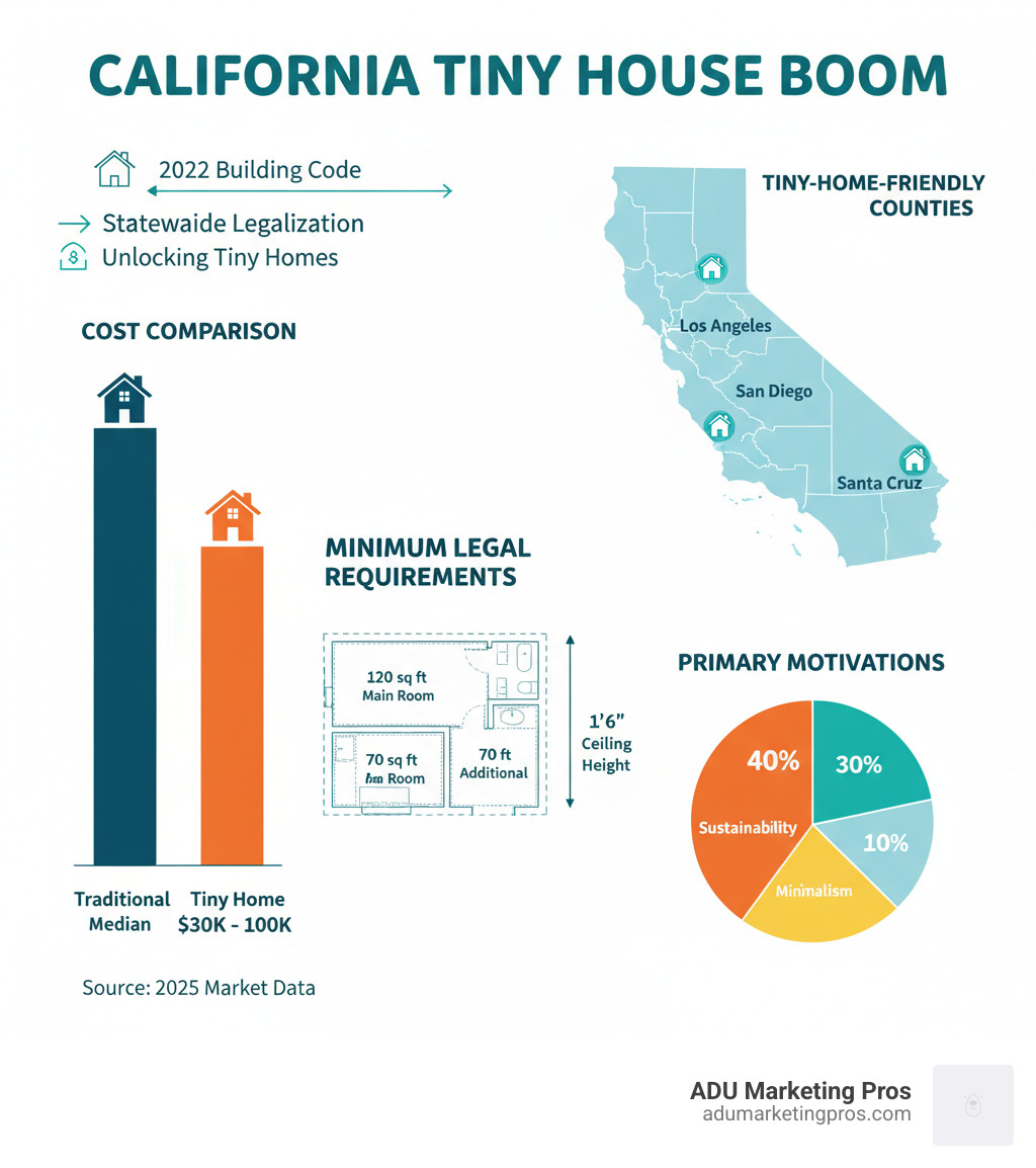 Infographic showing California's tiny house growth statistics: adoption of 2022 Building Code allowing tiny homes statewide, cost comparison between traditional homes ($800k+ median) versus tiny homes ($30k-$100k range), breakdown of minimum legal requirements (120 sq ft main room, 70 sq ft additional rooms, 7'6" ceiling height), map highlighting tiny-home-friendly counties including Los Angeles, San Diego, Fresno, and Santa Cruz, and pie chart showing primary motivations for tiny living - 40% affordability, 30% sustainability, 20% minimalism, 10% mobility - california tiny houses infographic Infographic showing California's tiny house growth statistics: adoption of 2022 Building Code allowing tiny homes statewide, cost comparison between traditional homes ($800k+ median) versus tiny homes ($30k-$100k range), breakdown of minimum legal requirements (120 sq ft main room, 70 sq ft additional rooms, 7'6" ceiling height), map highlighting tiny-home-friendly counties including Los Angeles, San Diego, Fresno, and Santa Cruz, and pie chart showing primary motivations for tiny living - 40% affordability, 30% sustainability, 20% minimalism, 10% mobility - california tiny houses infographic