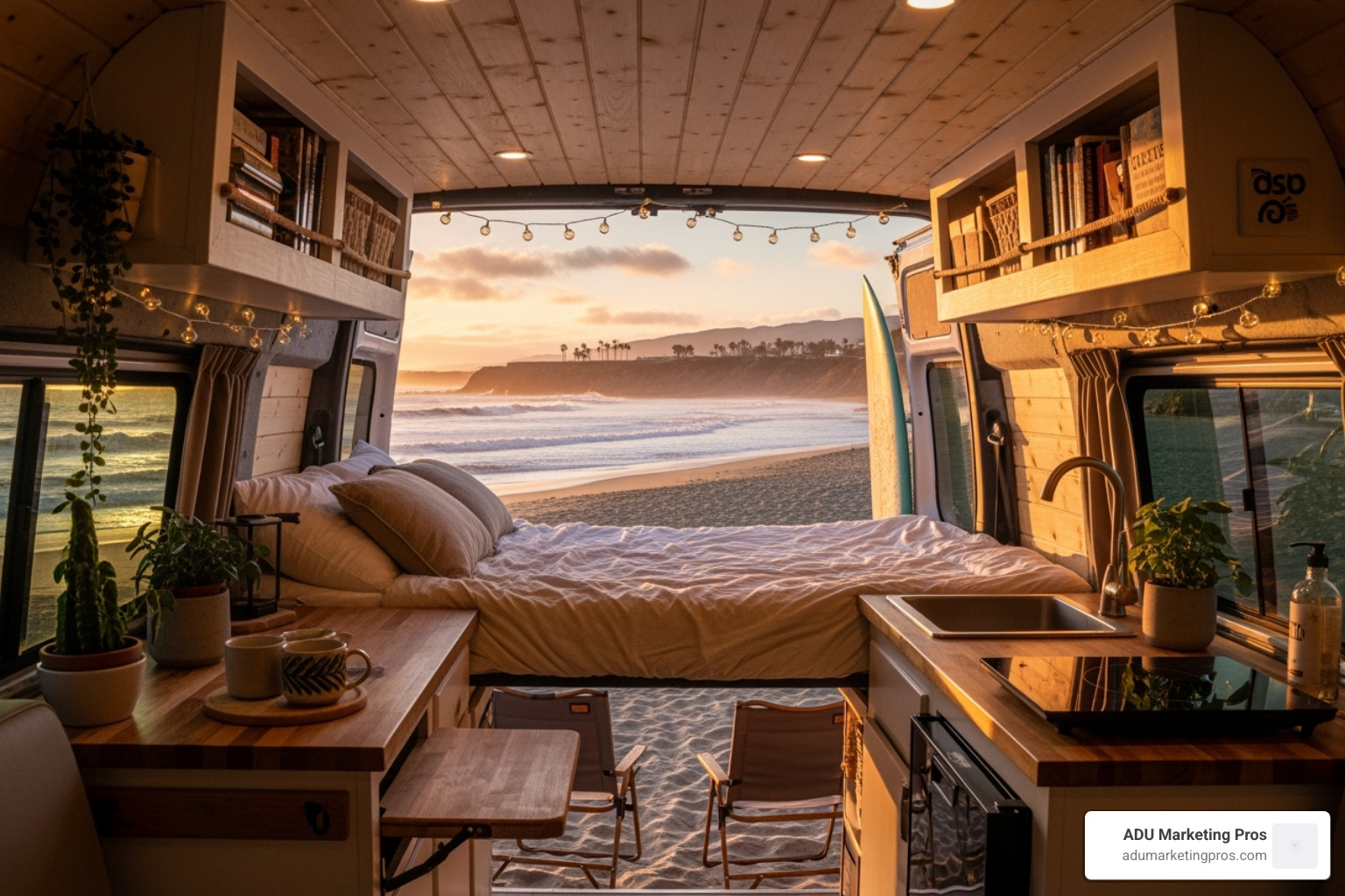 stylishly converted van interior with the back doors open to a California beach - california tiny houses stylishly converted van interior with the back doors open to a California beach - california tiny houses