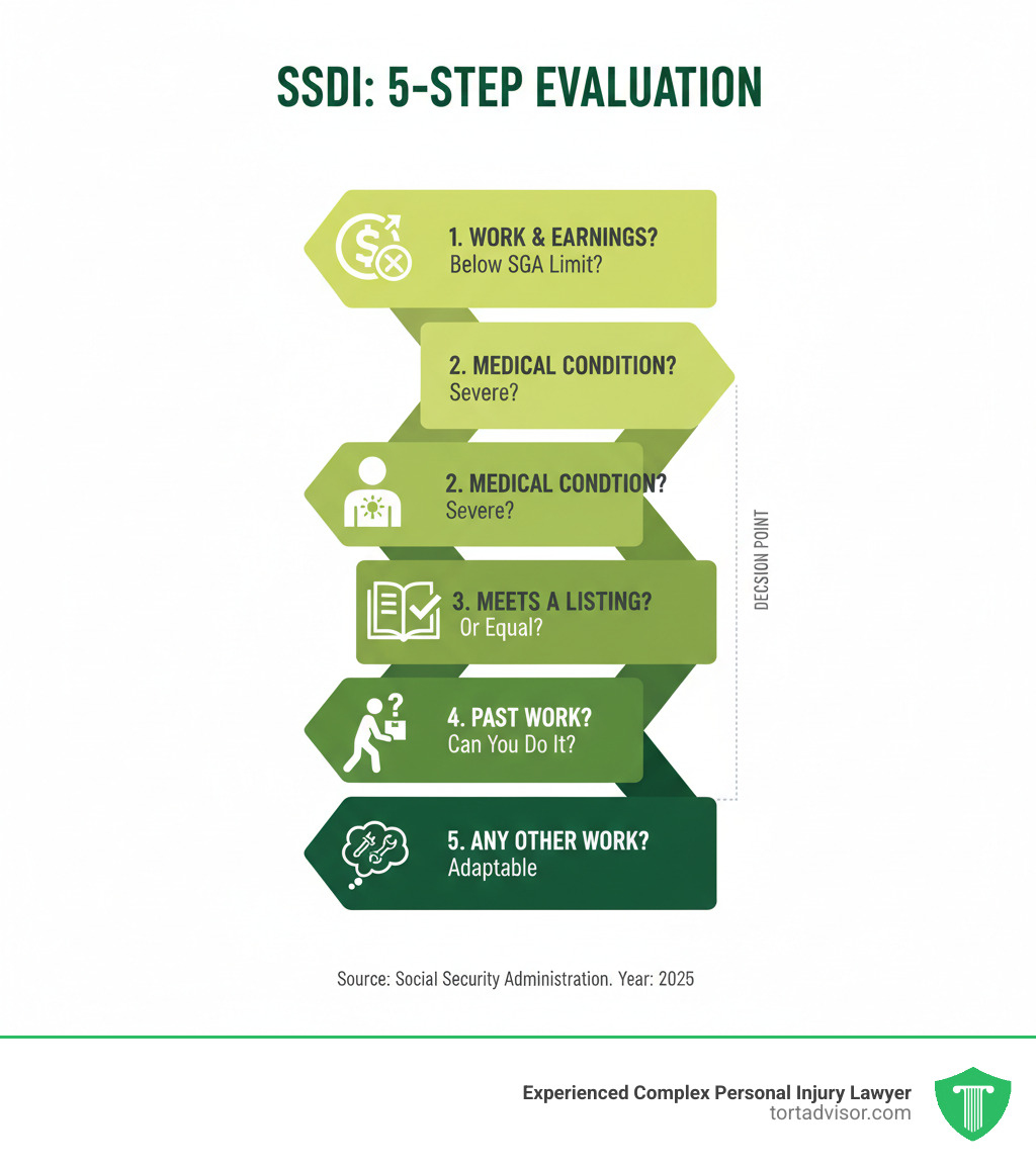 infographic showing the 5-step sequential evaluation process: Step 1 - Are you working and earning above SGA limit, Step 2 - Is your medical condition severe, Step 3 - Does your condition meet or equal a listing, Step 4 - Can you do your past work, Step 5 - Can you do any other type of work - Social Security Disability Insurance infographic 