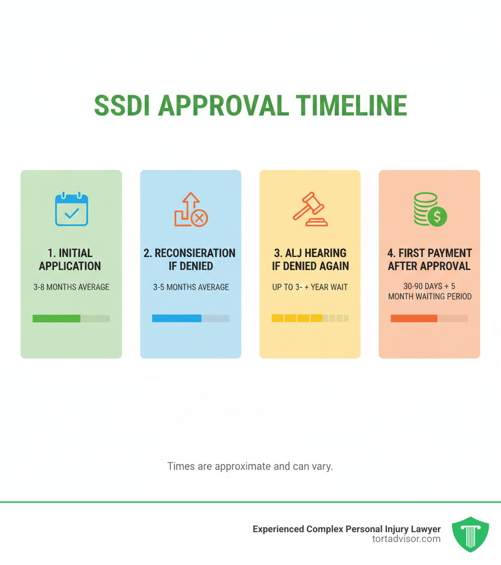 Infographic showing the four main stages of SSDI timeline: 1) Initial Application (3-8 months average for decision), 2) Reconsideration if Denied (3-5 months average), 3) ALJ Hearing if Denied Again (up to 1+ year wait), and 4) First Payment After Approval (30-90 days plus 5-month mandatory waiting period from disability onset date) - SSDI approval time infographic 