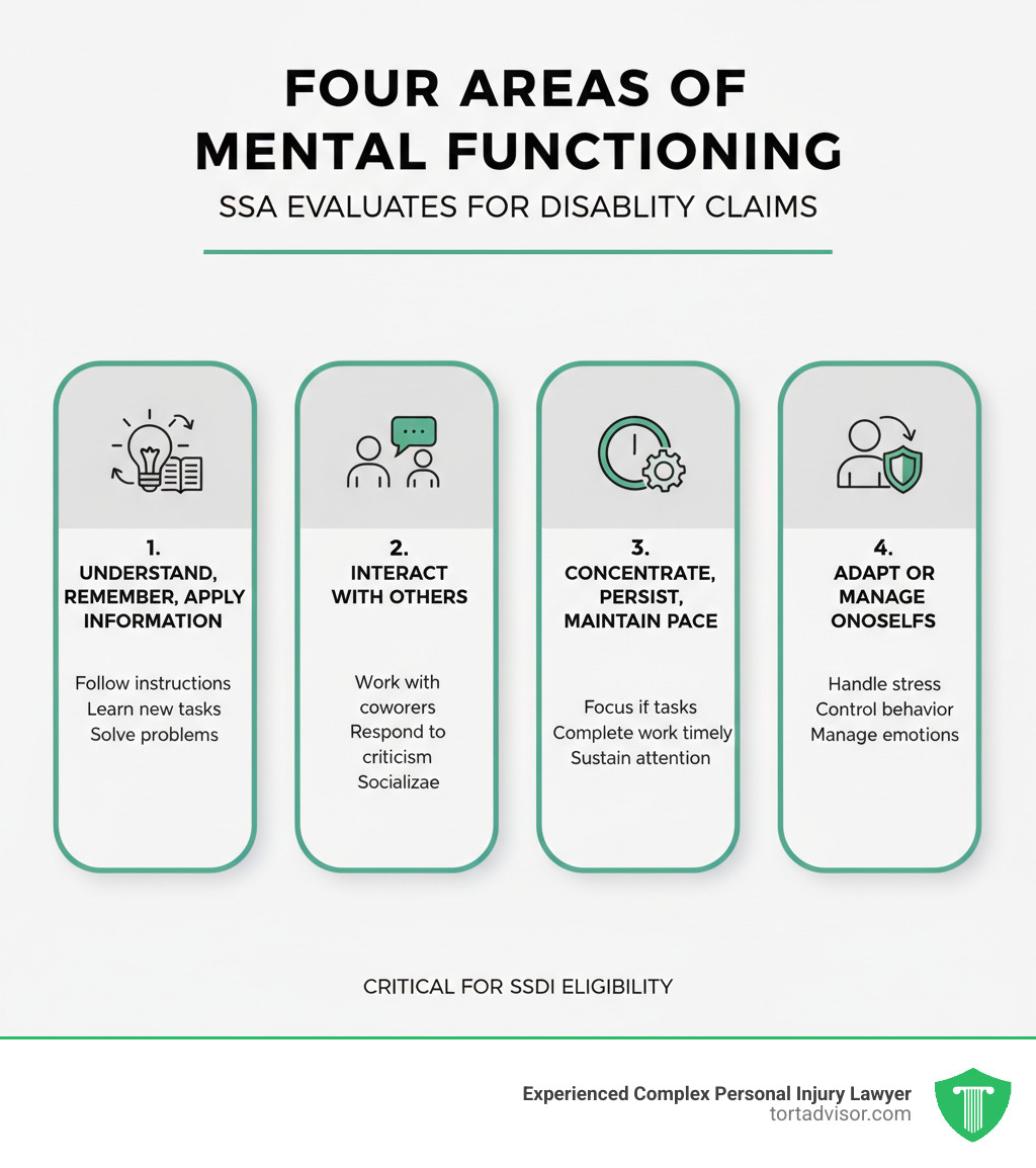 Infographic illustrating the four areas of mental functioning: 1) Understand, remember, or apply information. 2) Interact with others. 3) Concentrate, persist, or maintain pace. 4) Adapt or manage oneself. - SSDI for anxiety infographic  Infographic illustrating the four areas of mental functioning: 1) Understand, remember, or apply information. 2) Interact with others. 3) Concentrate, persist, or maintain pace. 4) Adapt or manage oneself. - SSDI for anxiety infographic