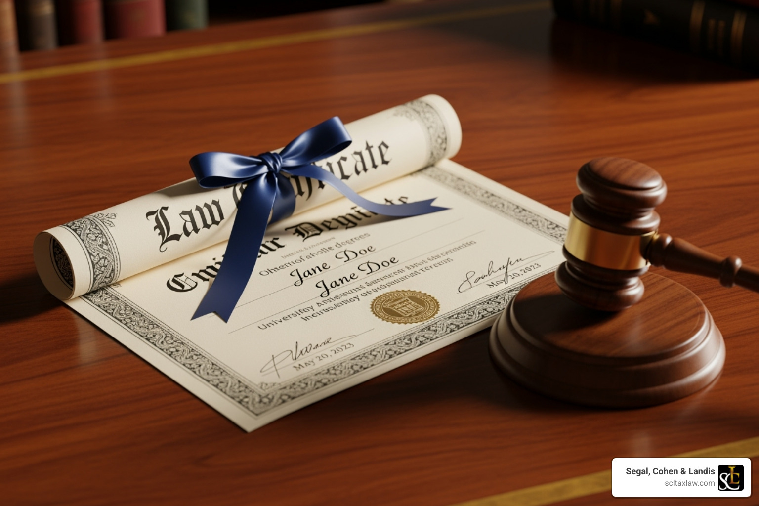 of a law degree certificate next to a gavel - tax attorney los angeles