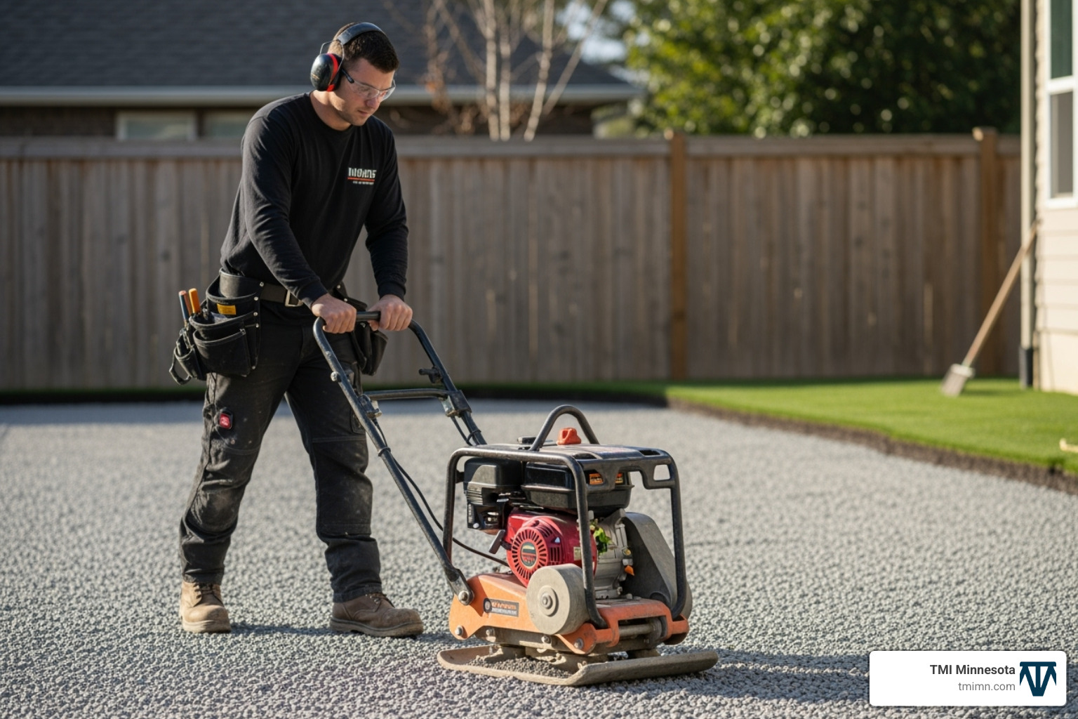 Professional installer compacting an aggregate sub-base - artificial grass drainage solutions Professional installer compacting an aggregate sub-base - artificial grass drainage solutions