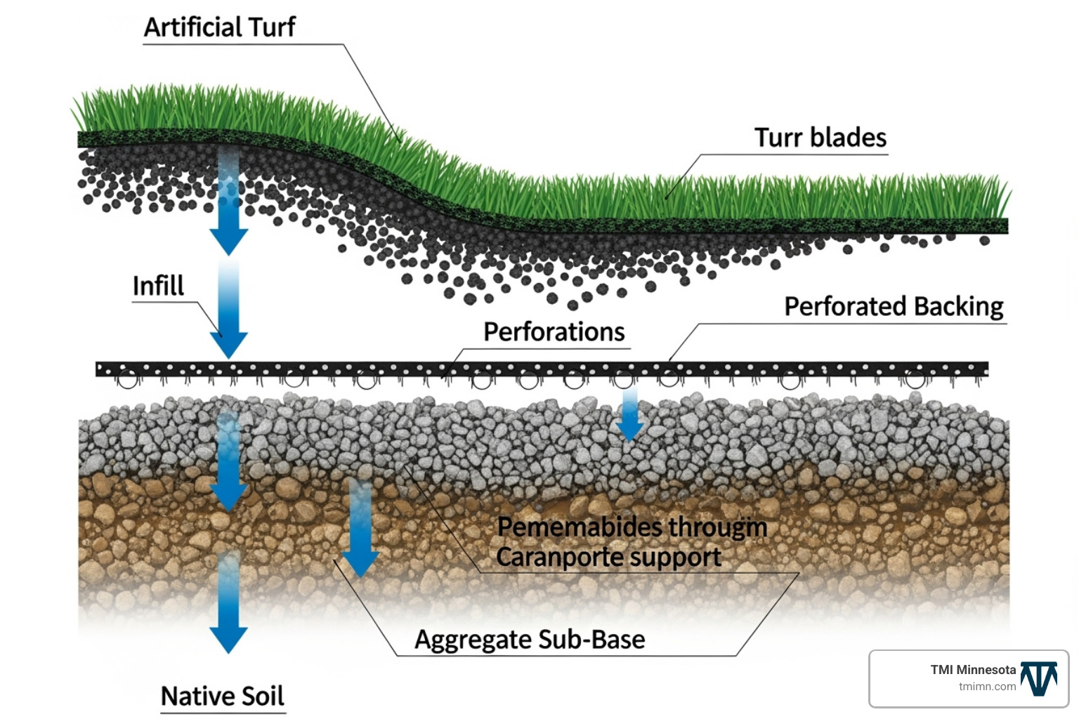 Cross-section diagram showing water flowing through artificial turf, infill, perforated backing, and into the aggregate sub-base - artificial grass drainage solutions Cross-section diagram showing water flowing through artificial turf, infill, perforated backing, and into the aggregate sub-base - artificial grass drainage solutions