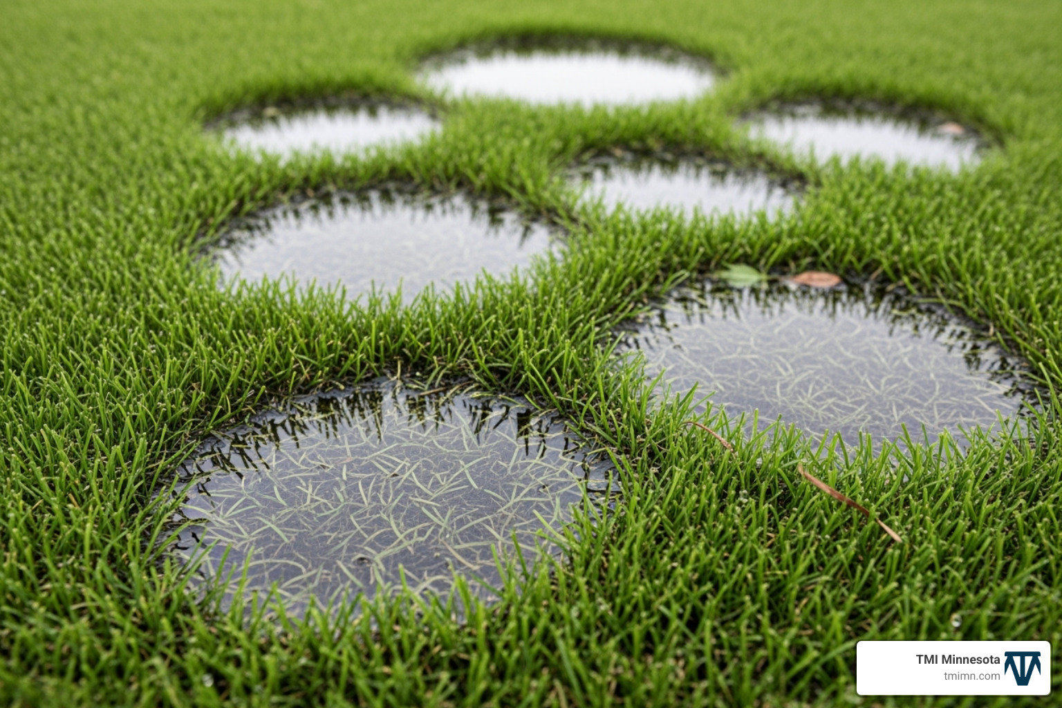 Waterlogged artificial lawn with visible puddles - artificial grass drainage solutions Waterlogged artificial lawn with visible puddles - artificial grass drainage solutions