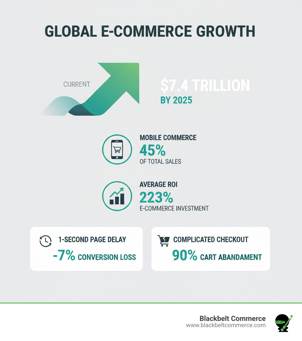 Infographic showing global e-commerce market growth from current levels to $7.4 trillion by 2025, with mobile commerce representing 45% of total sales, average ROI of 223% for businesses investing in e-commerce development, and key statistics including 1-second page delay causing 7% conversion loss and 90% cart abandonment due to complicated checkout - e-commerce development company infographic 