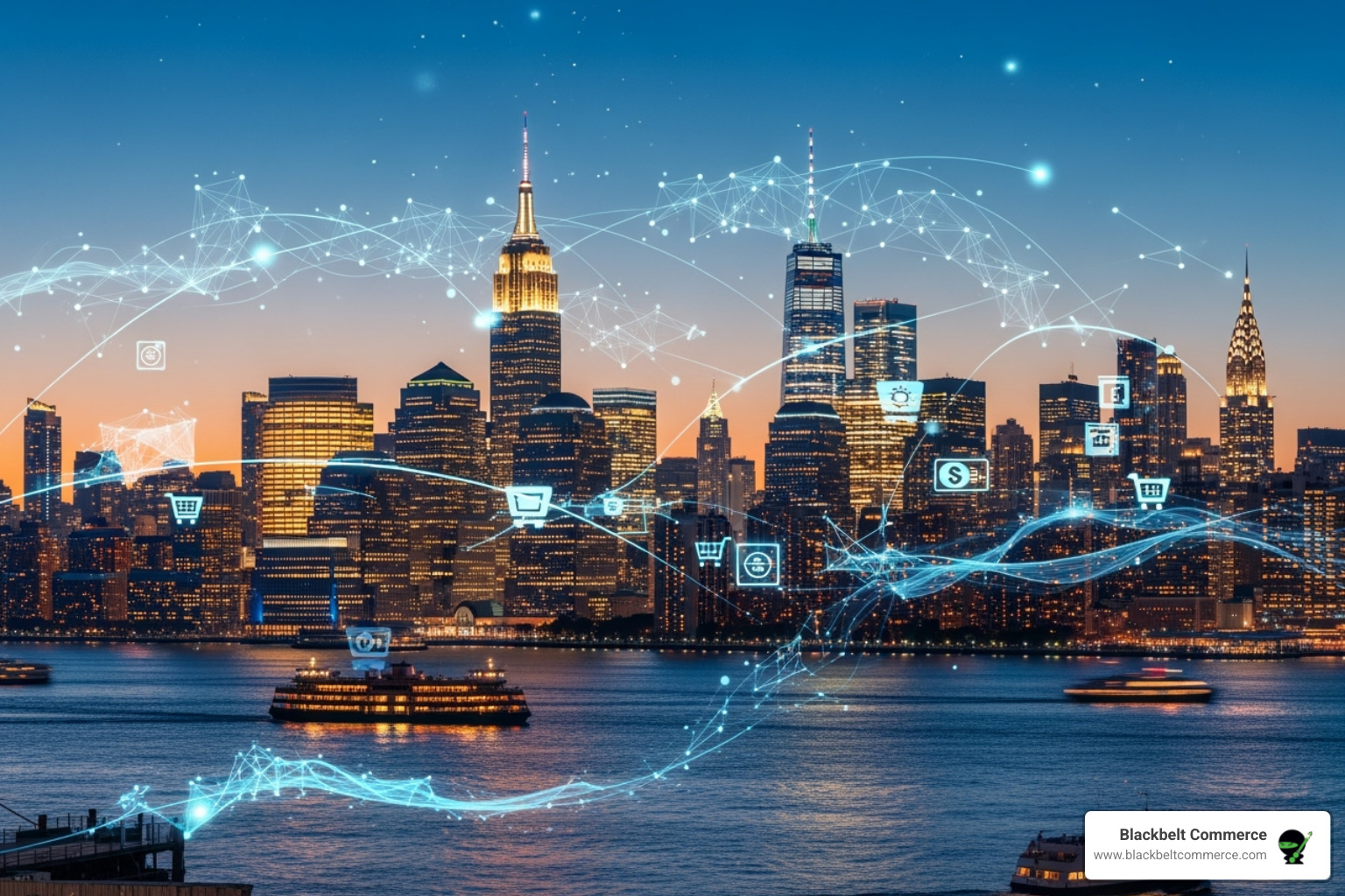 New York City skyline with digital overlays - e-commerce development company