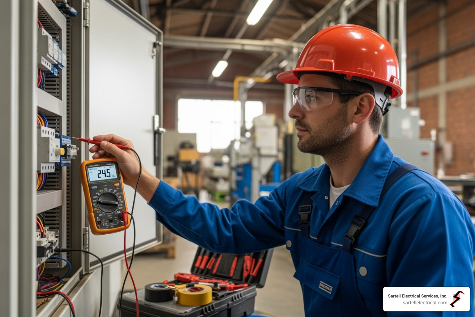 Technician using a multimeter to test an electrical component - Industrial electrical maintenance