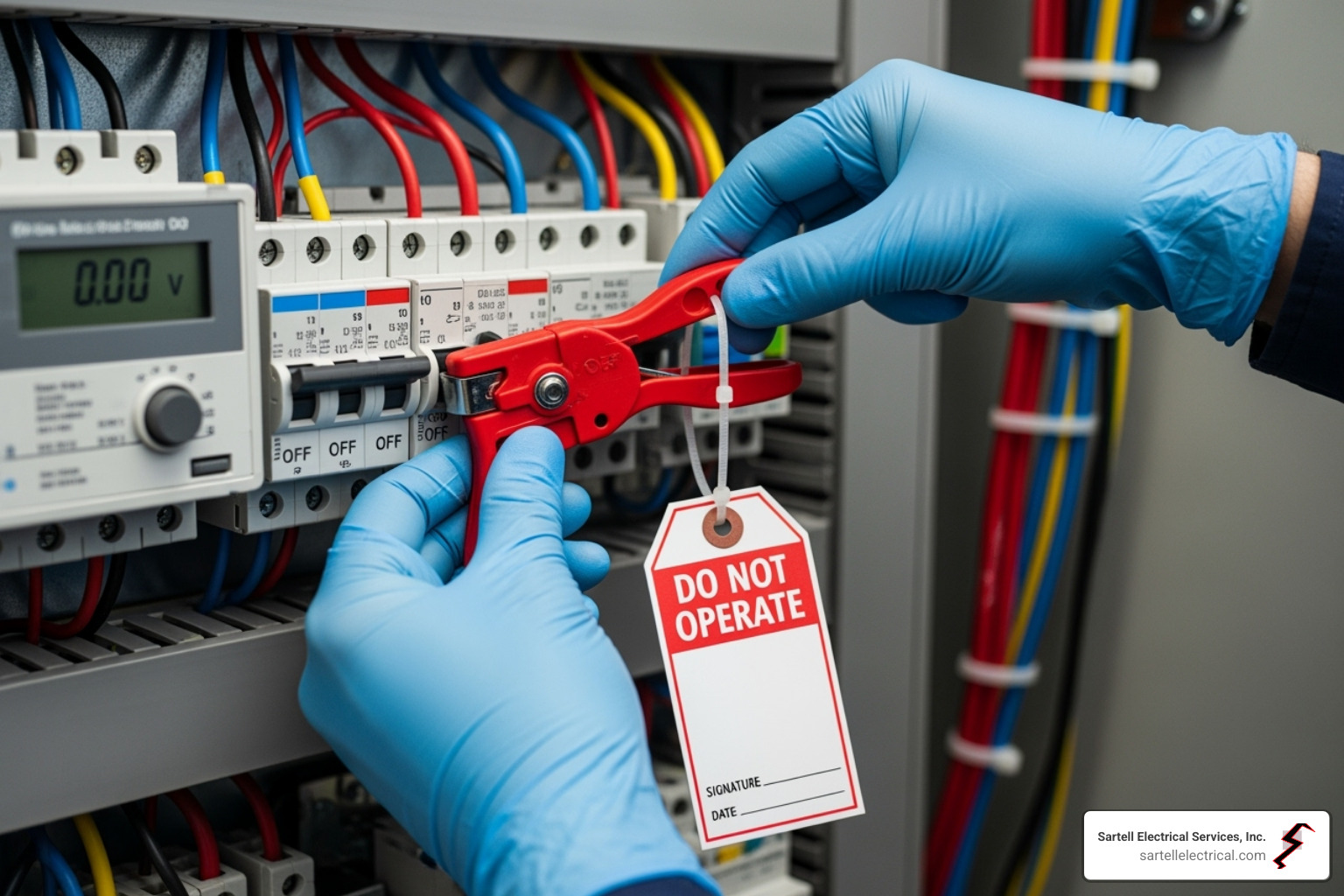 Proper Lockout/Tagout (LOTO) procedure being applied to an electrical panel - Industrial electrical maintenance