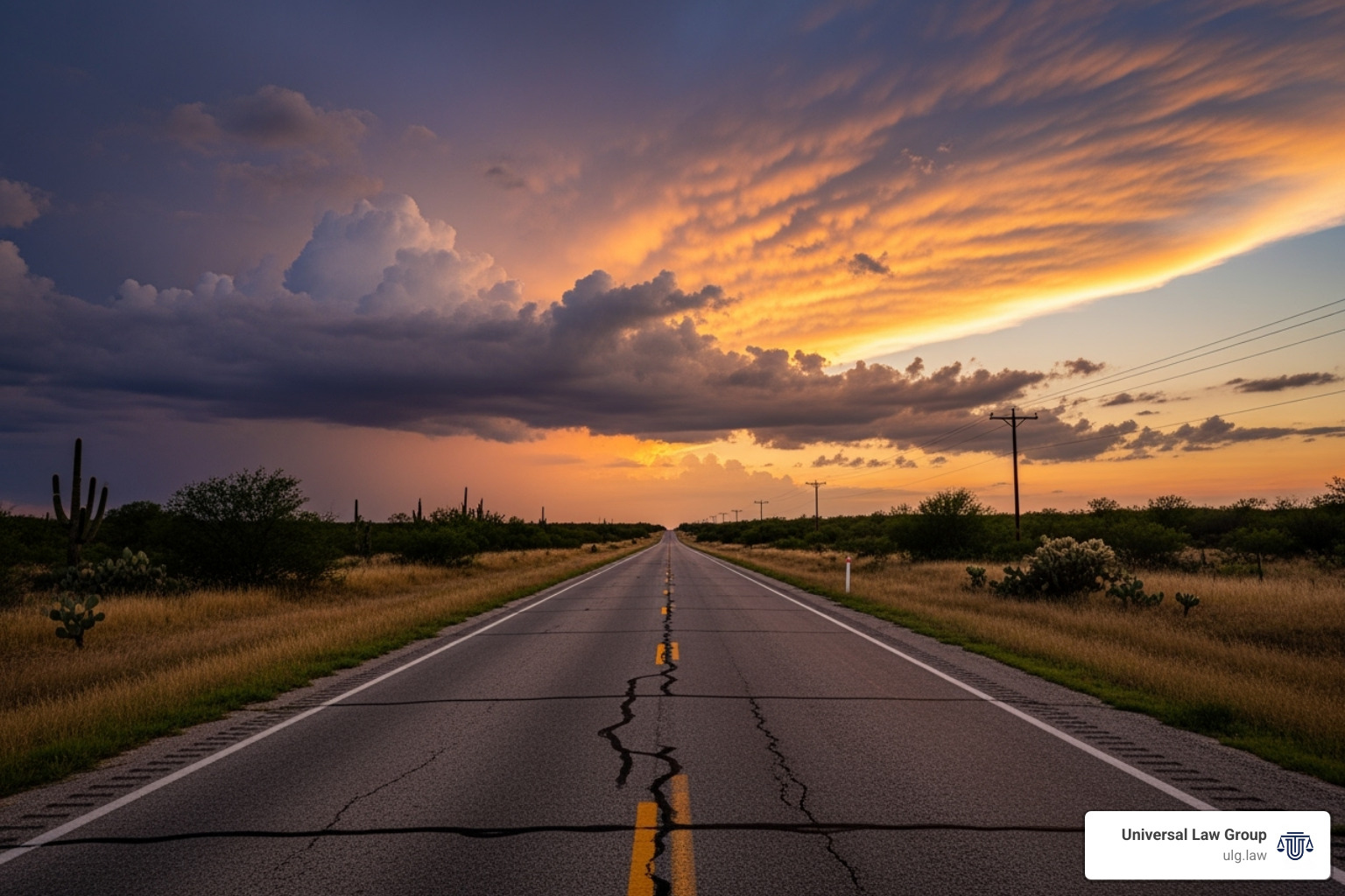 Empty Texas highway at dusk with dramatic clouds overhead - Fatal car accident Texas Empty Texas highway at dusk with dramatic clouds overhead - Fatal car accident Texas
