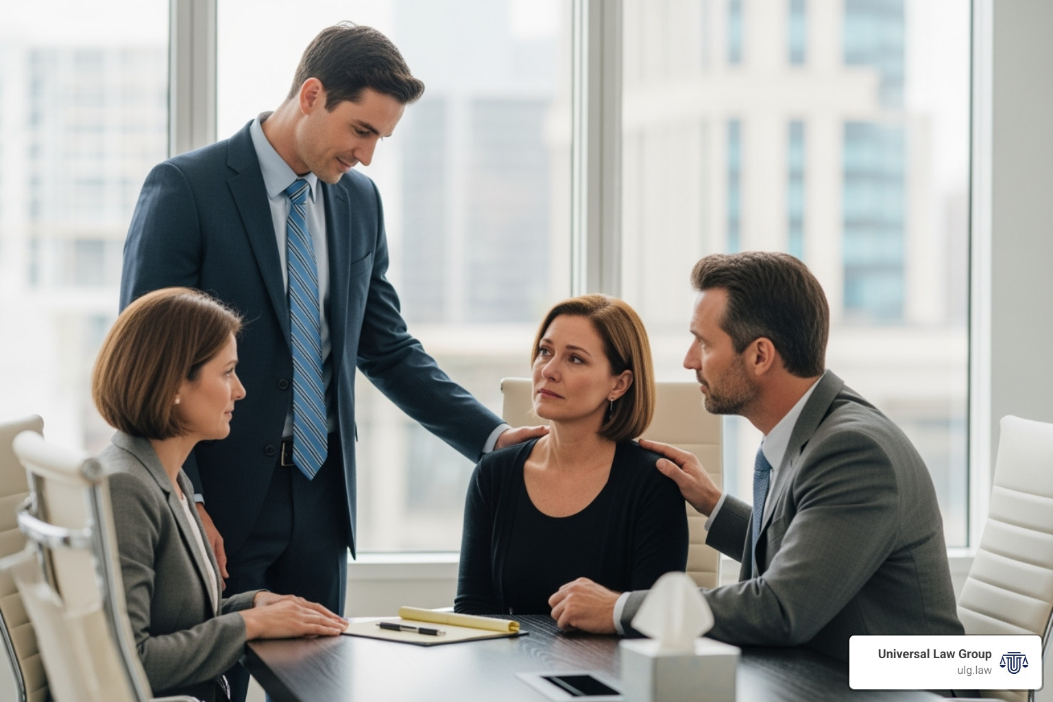 Lawyer comforting a grieving family in a professional office setting - Fatal car accident Texas Lawyer comforting a grieving family in a professional office setting - Fatal car accident Texas