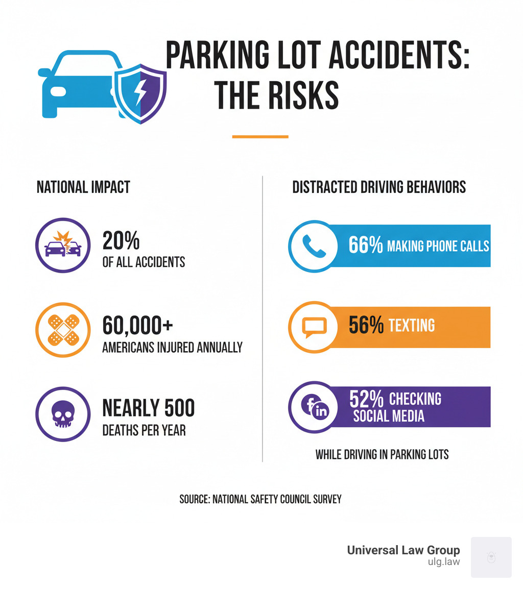 Infographic showing parking lot accident statistics: 20% of all accidents occur in parking lots, 60,000+ Americans injured annually, nearly 500 deaths per year, and a breakdown of distracted driving behaviors including 66% making phone calls, 56% texting, and 52% checking social media while driving in parking lots, based on National Safety Council survey data - Parking lot accident Texas infographic 