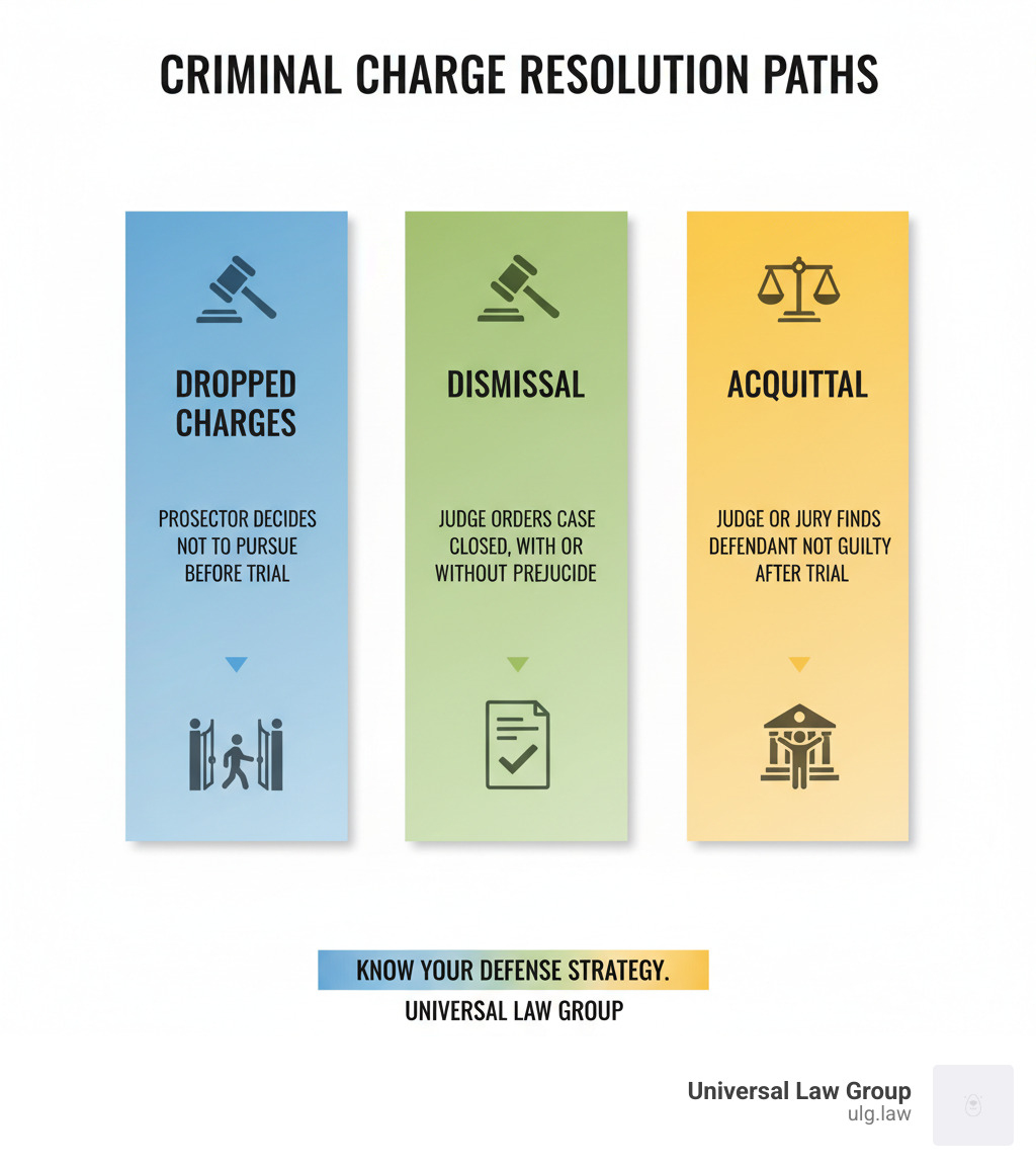 Infographic showing three paths: Dropped Charges (prosecutor decides not to pursue before trial), Dismissal (judge orders case closed, with or without prejudice), and Acquittal (judge or jury finds defendant not guilty after trial) - Get charges dropped infographic 