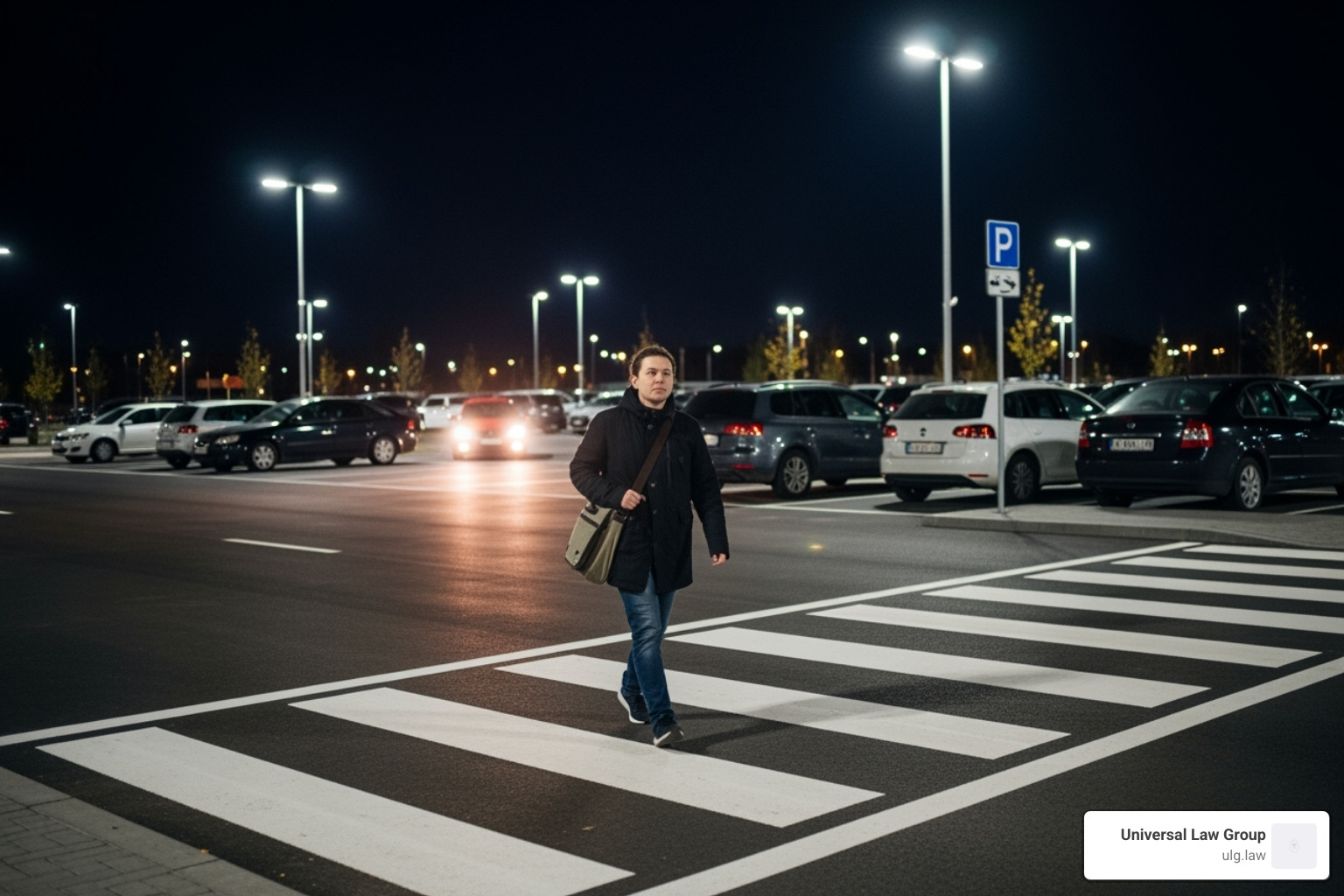 pedestrian safely using a marked crosswalk in a well-lit parking lot - Parking lot accident Texas