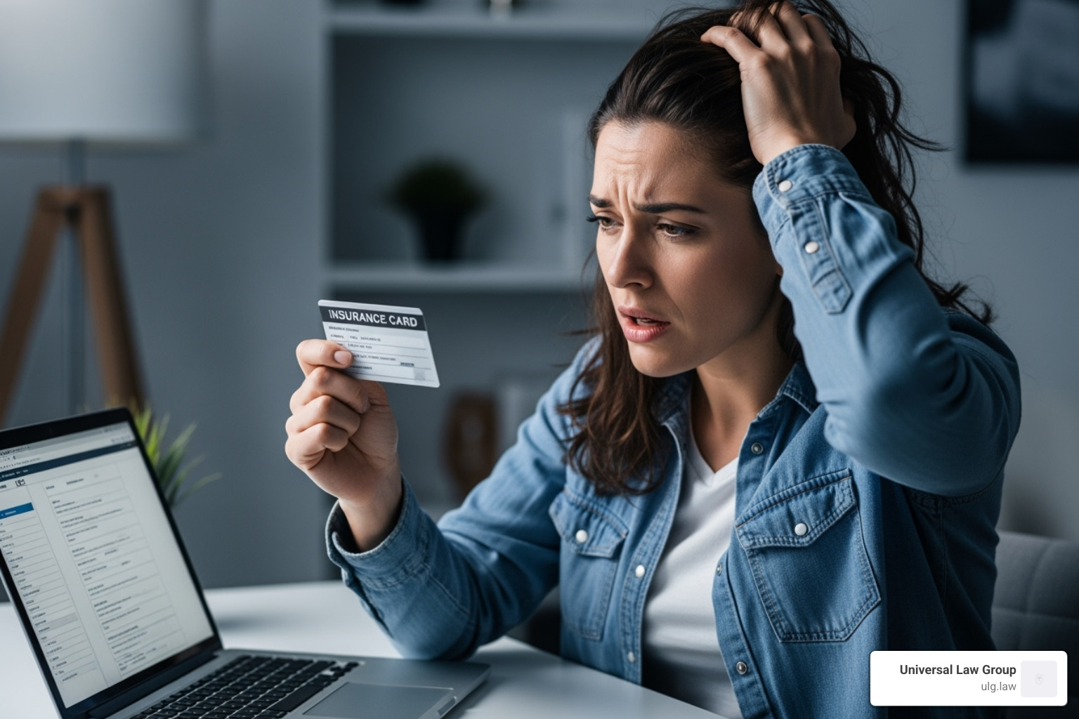 person on the phone looking stressed, holding an insurance card - Parking lot accident Texas