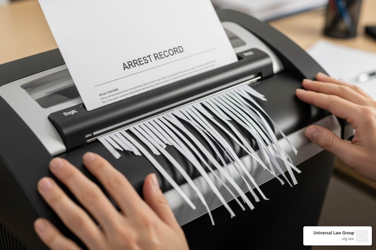 Person shredding a document that says "Arrest Record" - Get charges dropped